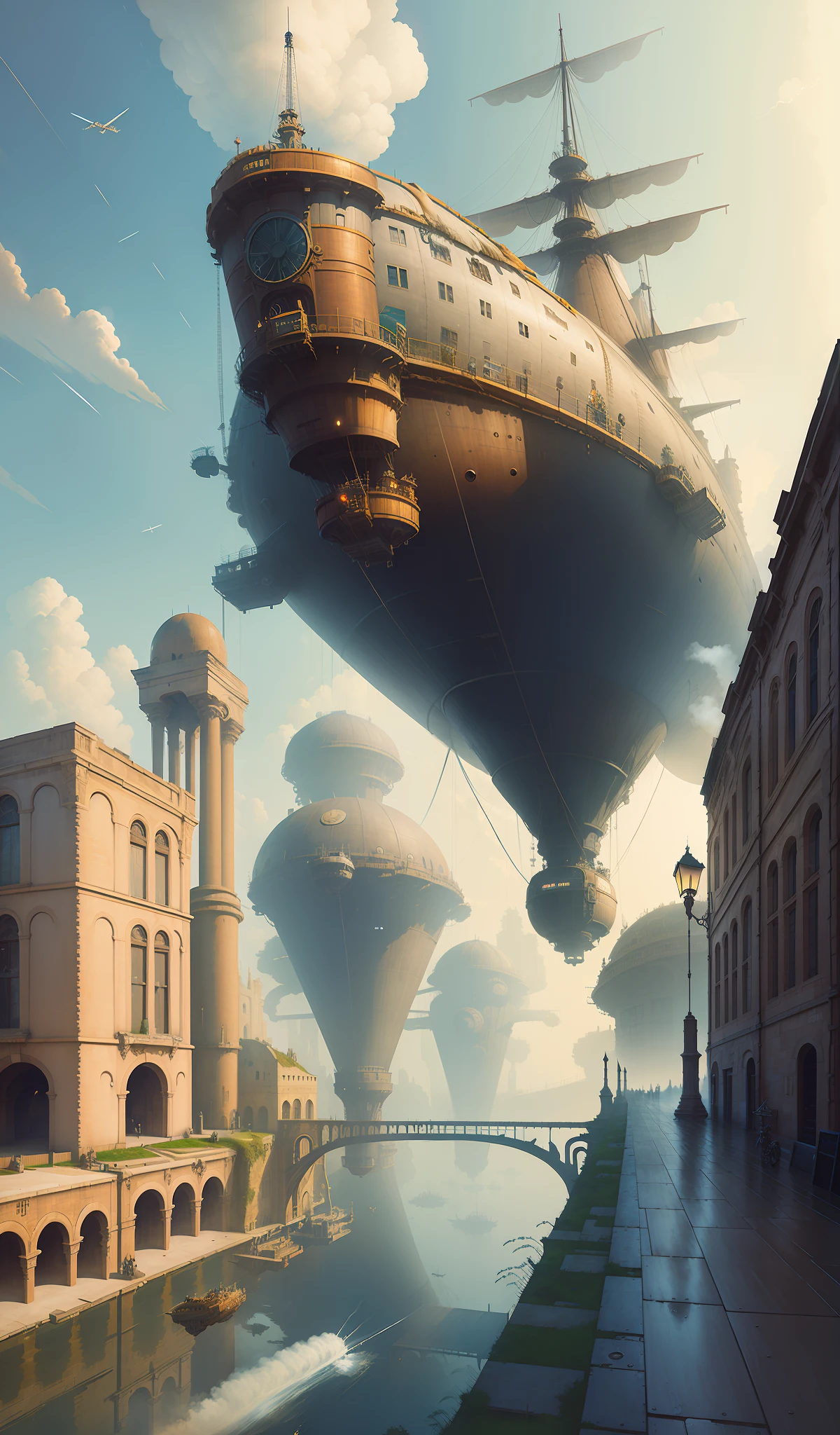 ((masterpiece)), (best quality), (high detial), ((realistic,)) (sky), (giant steam airship), (small flying machine), (robot), pyrotechnics, ruins, industrial age cities, bazaars, bridges, rainy days, steampunk, European architecture, flyovers, spirits, abyss,