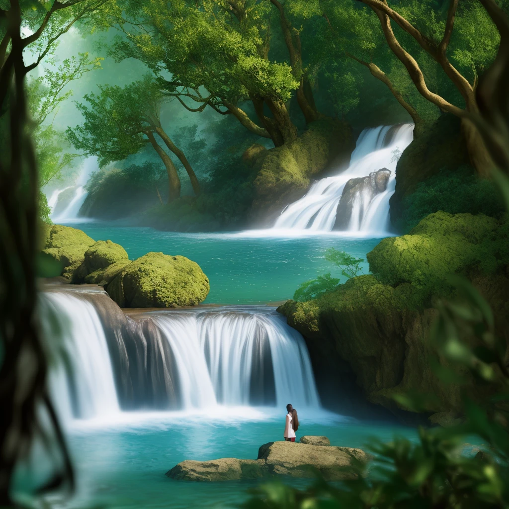 (best quality, masterpiece), 2girls, water, deep forest, waterfall, looking away, blurry background