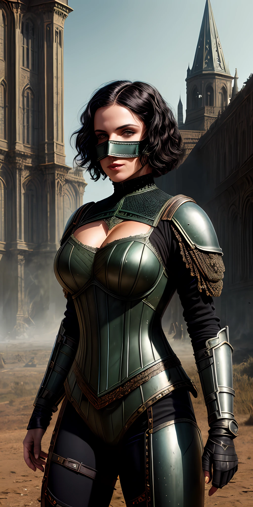 a beautiful woman, green eyes, short black hair, defined body, wearing detailed Victorian-era mask and armor (( super strong )), masterpiece, best quality, ultra-detailed, ground, destroyed city background, shadows, contrast, clear sky, analog style (look at viewer:1.2) (skin texture) (film grain:1.3), ultra-high resolution, octane render, 16k
