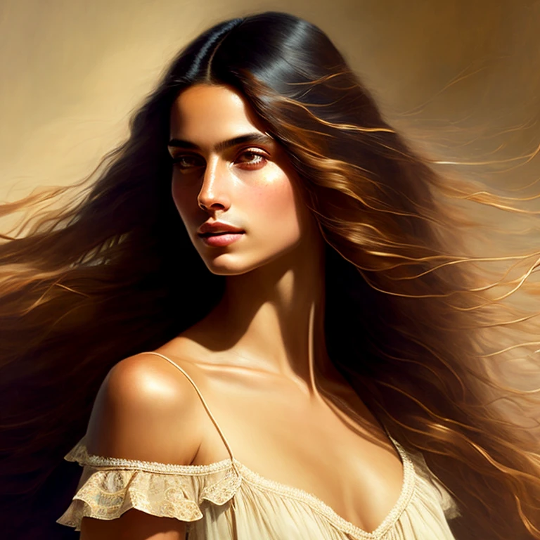 Dreamshaper model, vintage portrait, closeup on the face of a Brazilian woman with long silky hair thrown to the wind, her eyes are striking and expessive, her skin slightly tanned and soft as silk, Adobe Illustration, Trand on Artstation, CG, masterpiece, magnificent art, super detailed, vivid colors, lighting by REMBRANDT, art by Karol Bak, -