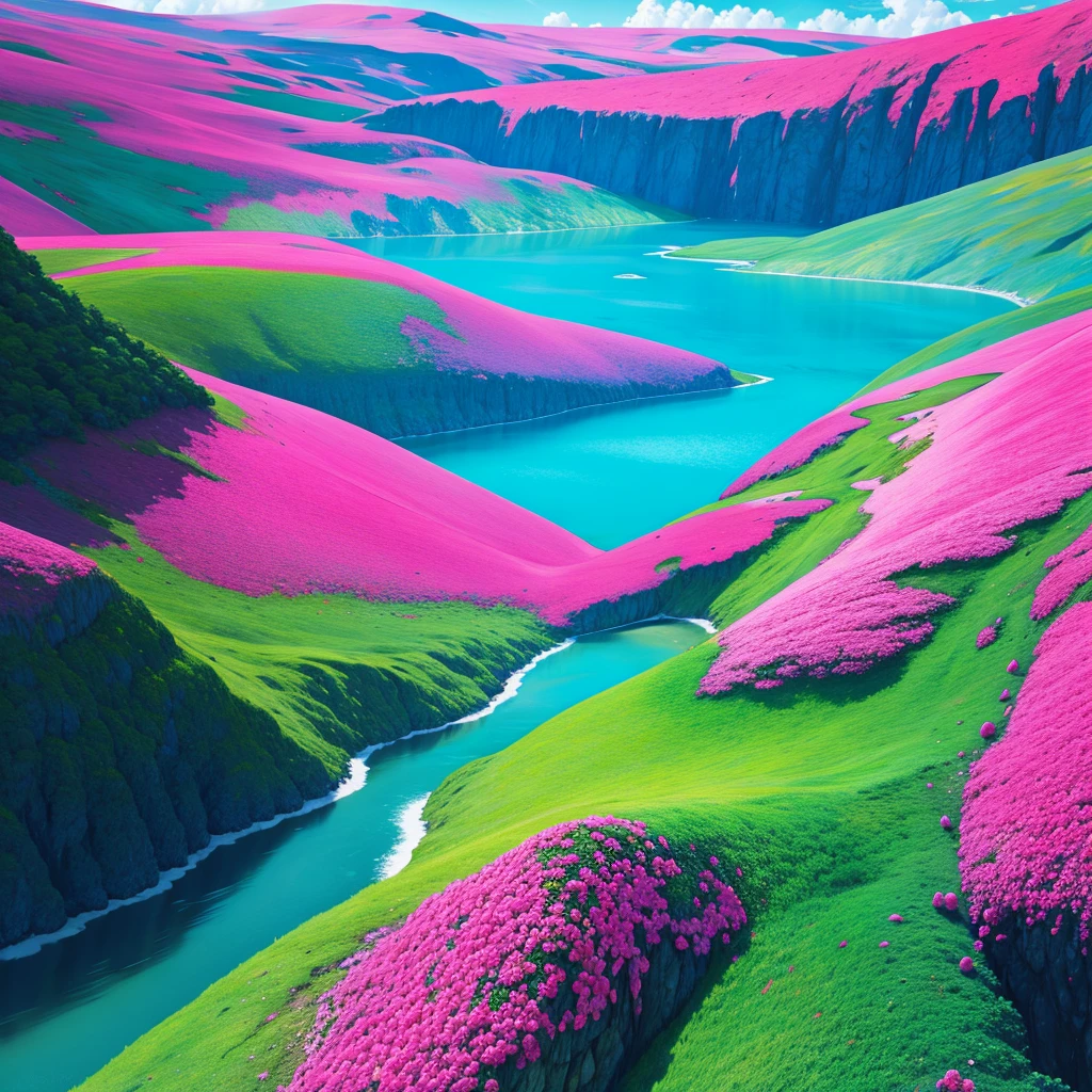 fantasy landscape, surrealism, pink, red, green, cyan