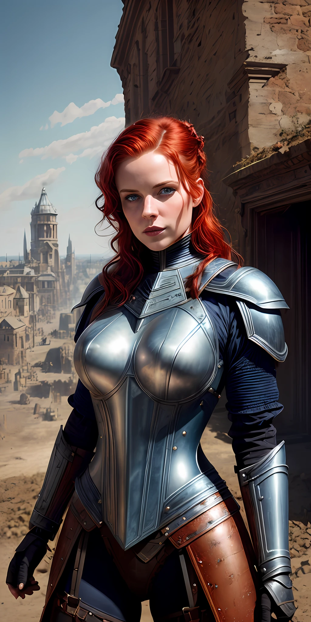 beautiful woman, blue eyes, red hair, defined body, wearing detailed Victorian-era mask and armor (( super strong )), masterpiece, best quality, ultra-detailed, ground, destroyed city background, shadows, contrast, clear sky, analog style (look at viewer:1.2) (skin texture) (film grain:1.3), ultra-high resolution, octane render, 16k
