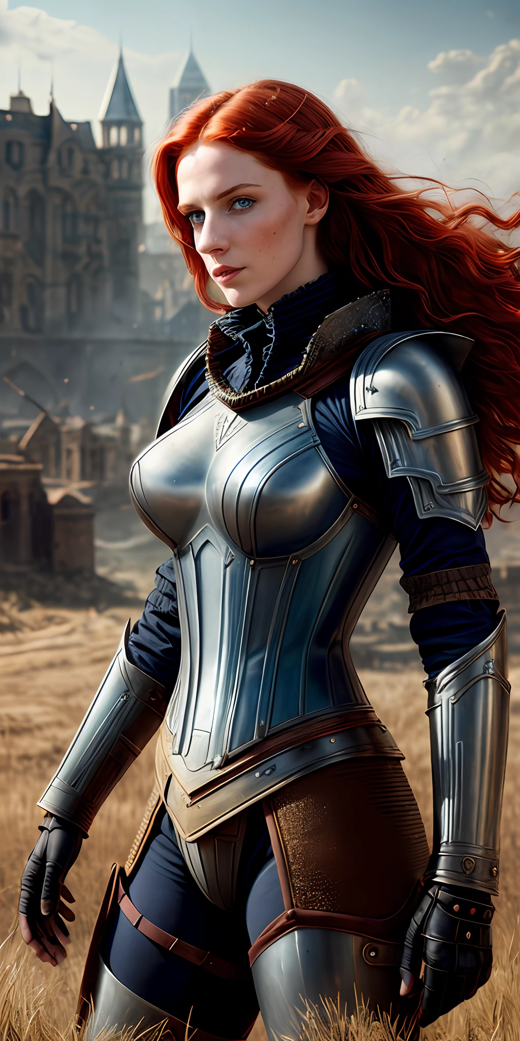 beautiful woman, blue eyes, red hair, defined body, wearing detailed Victorian-era mask and armor (( super strong )), masterpiece, best quality, ultra-detailed, ground, destroyed city background, shadows, contrast, clear sky, analog style (look at viewer:1.2) (skin texture) (film grain:1.3), ultra-high resolution, octane render, 16k