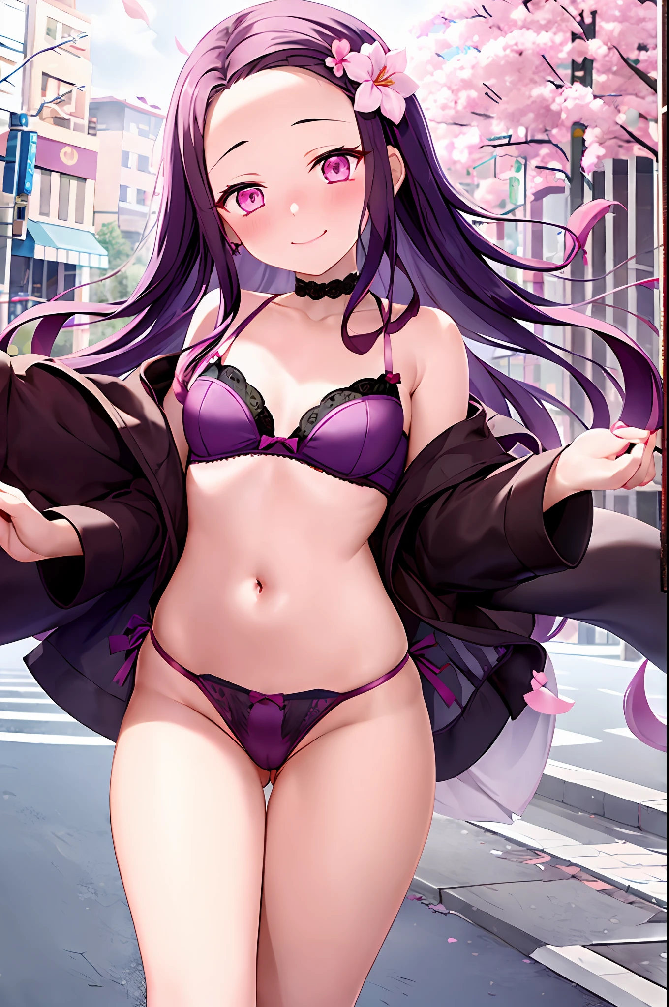 kamado nezuko, 1girl, closed mouth, smile, flower, long nails, looking at viewer, petals, pink eyes, purple hair, ((masterpiece)), cat lingerie, embarrassed, surrounded by people, walking on the street in public, nsfw, ecchi style
