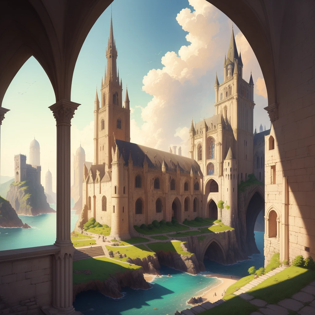 masterwork, piece of art, illustration, a beautiful landscape, medieval city, beautiful huge white building, fantasy, sunny, summer, port, ocean, beautiful, ultra-detailed art