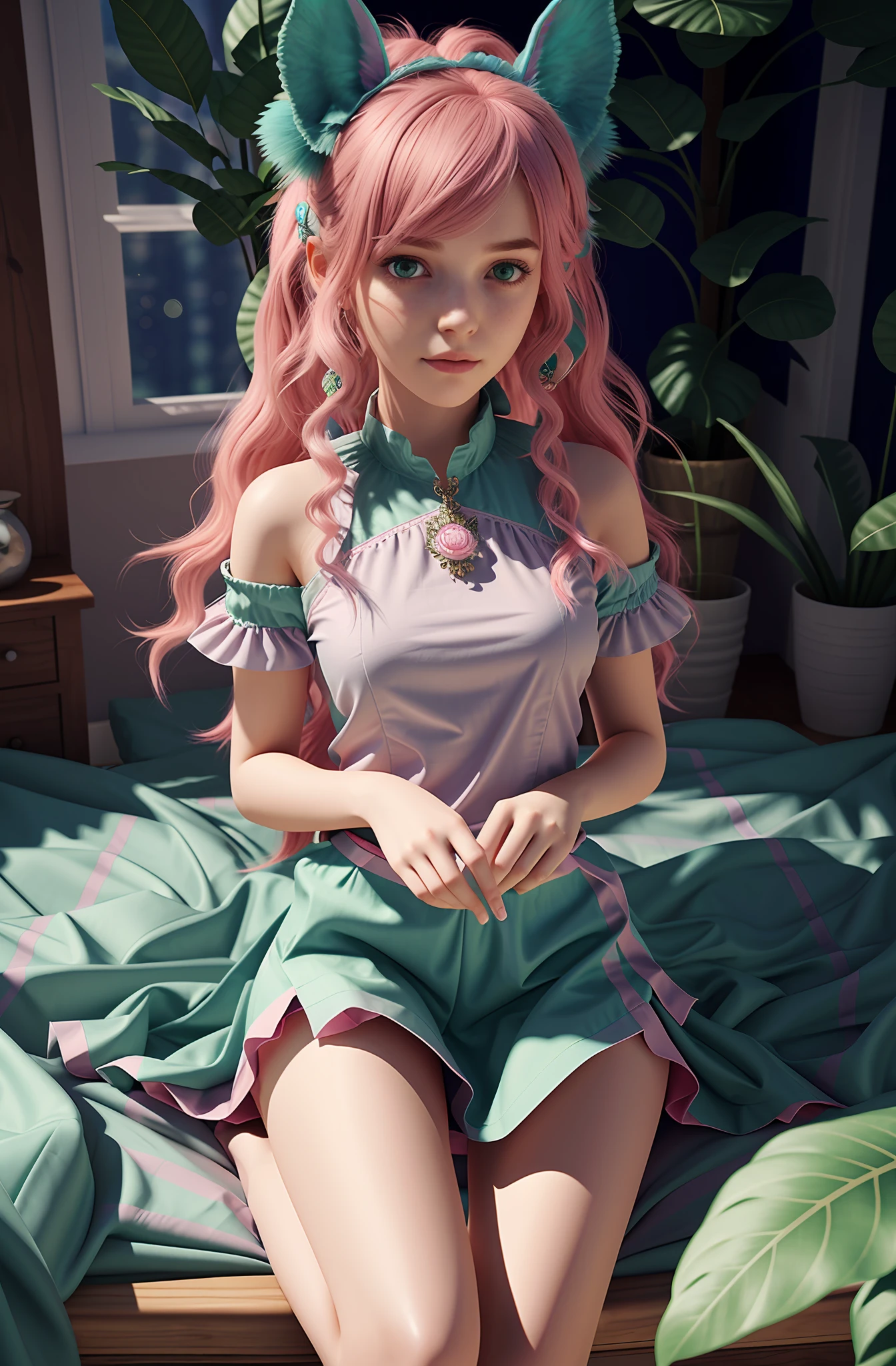 girl with pink hair and green ears sitting on a bed, 8k high quality detailed, deviantart artstation cgscosiety,, detailed digital ,8 k, fantasy,, realistic, masterpiece, best quality, ultra-detailed, detailed, scenery, beautiful detailed eyes, detailed hair,