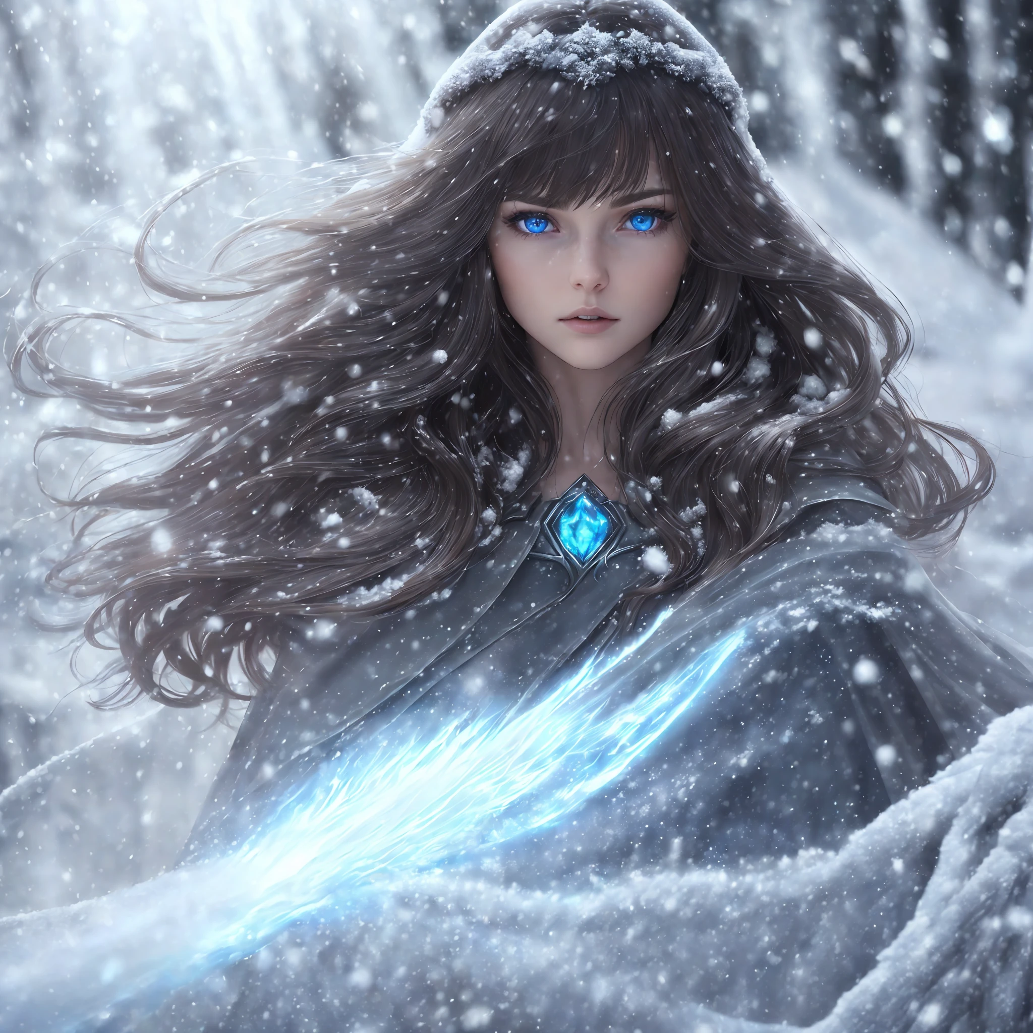 (skindentation:1.5), realistic, photorealistic, (masterpiece:1.5), concept art, intricate details, highly detailed, photorealistic, octane rendering, 8k, unreal mechanism, dynamic pose, best quality, high resolution, (realistic face:1.1), (hyperrealistic:1.1), ((full_body)), perfect blue eyes,(bright skin:1.2), (((hairstyle))), (((perfect hands))), (extremely detailed background), haunted island, ((dynamic background)), ((snow)), (rays of light), (1girl), wearing cape,  (((brown flowing cape))), ((detailed eyes, high quality eyes, high quality face)), long hair, (((flowing hairstyle with short bangs)))), 1girl ((controlling ice)), (((one of blizzard))), forest, snow, magic, (dramatic), epic, depth of field, bokeh, 4k, gothic, ((snowing)), energy ball between hands