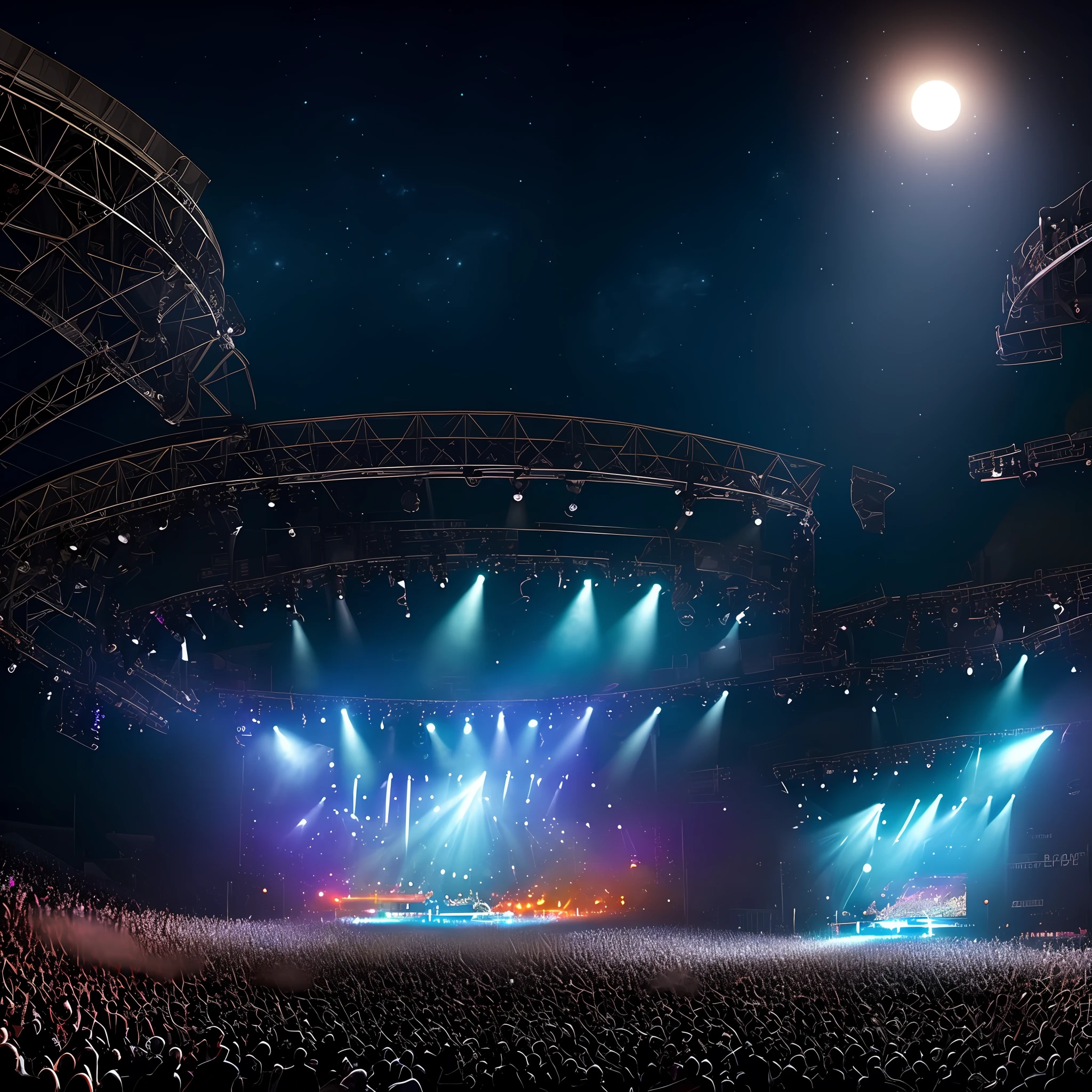 View of a rock concert highlighting the musicians on stage, with a bright full moon in the background, live concert lighting, unlubricant atmosphere, illustration, dramatic stadium lighting, illuminated backscreen