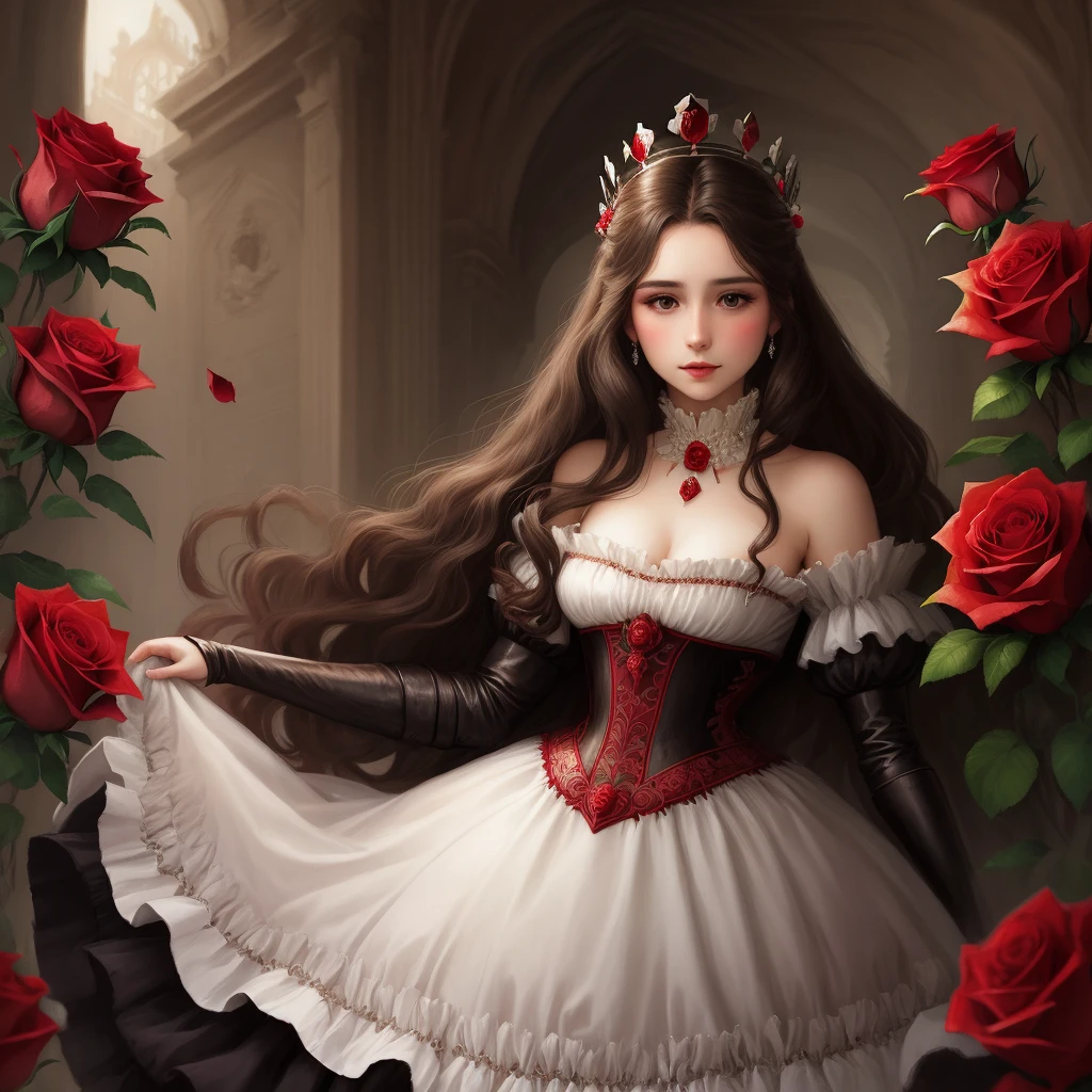 A queen with a dress torn by roses