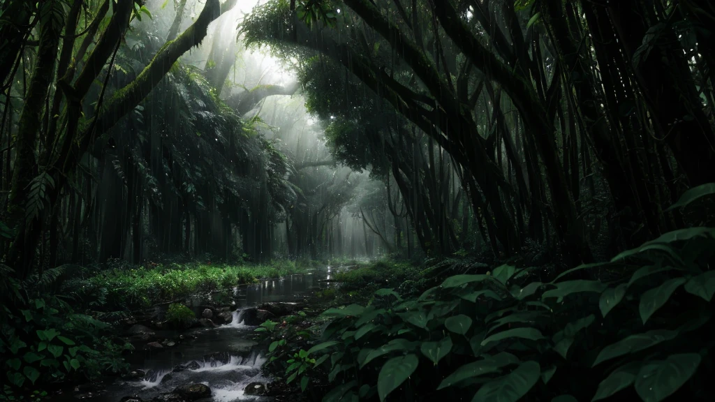 Jungle, heavy rainfall, monochrome, vines everywhere, huge wet trees, masterpiece, best quality, high quality, very detailed CG unity 8k wallpaper, oil painting, award winning photography, bokeh, depth of field, HDR, bloom , chromatic aberration, photorealism, very detailed, trending on artstation, trending on CGsociety, intricate, high detail, dramatic, midjourney art, volumetric lighting. Image size: 960x536