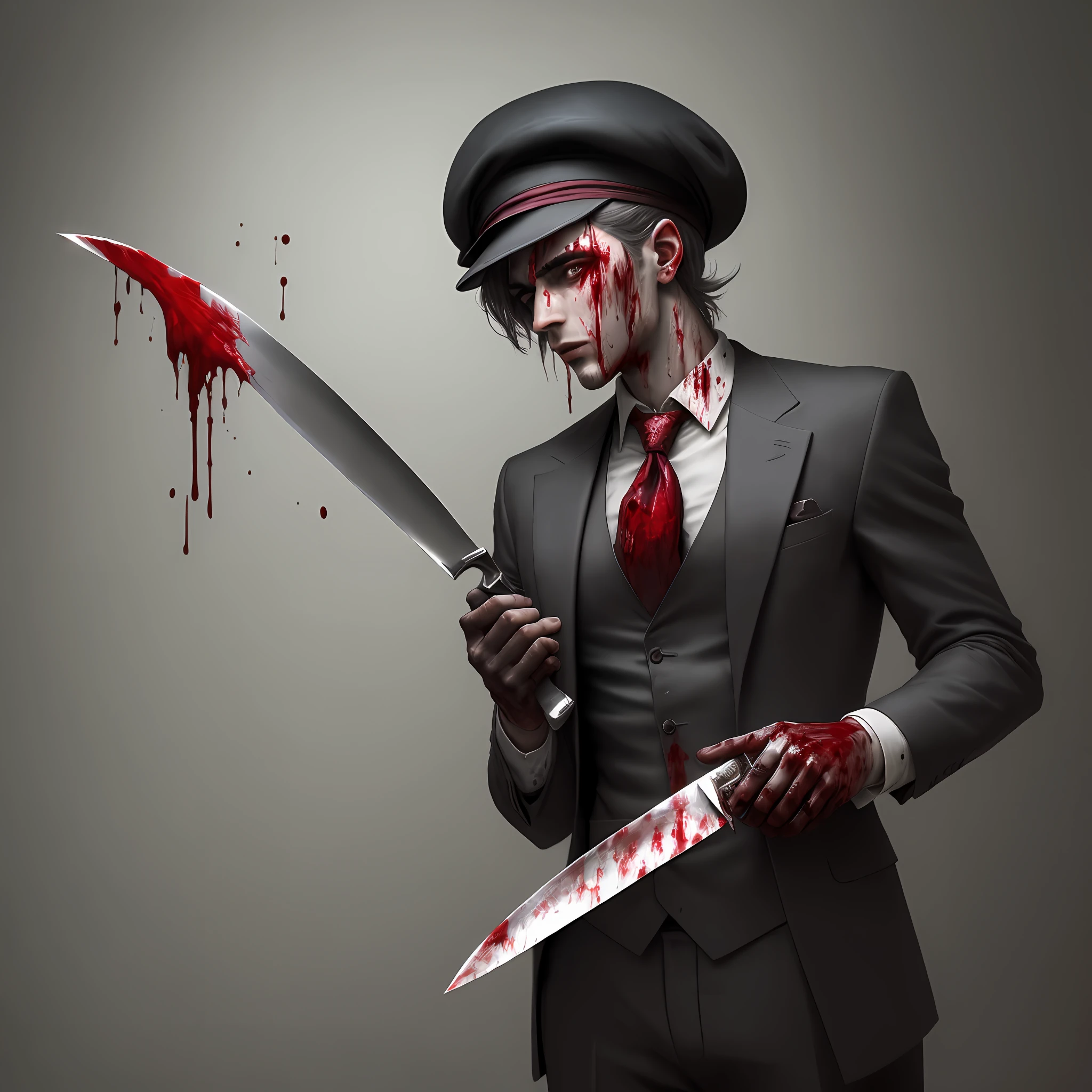 Top quality, masterpiece, high resolution a mysterious man with suit, is wearing beret on his head, holding a knife full of blood, blood dripping from the knife