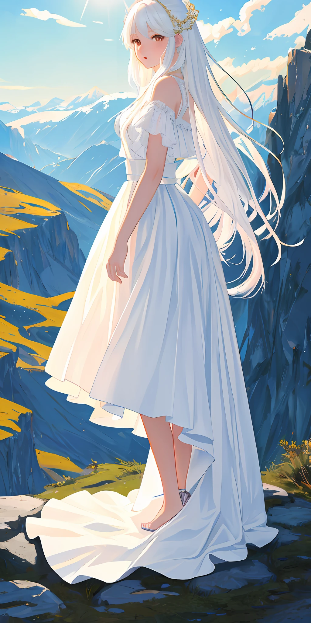 ((masterpiece)), ((best artist)), ((best lighting)), ((best quality)), ((best development)), ((best desinger)), ((best artist)), ((amazing scenery)), ((artstation)), (1girl) from ((long straight white hair)), in a beautiful mountain setting, ((portrait)), focusing on her beautiful face, as well as the gorgeous landscape of the Nevada mountains, wearing a thin strap blouse, with a round skirt (full body:1:1) 8k CG artwork.