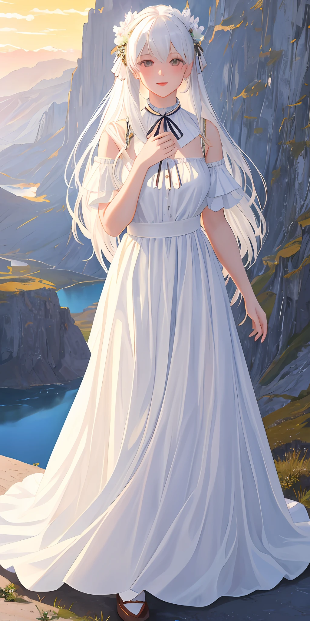 ((masterpiece)), ((best artist)), ((best lighting)), ((best quality)), ((best development)), ((best desinger)), ((best artist)), ((amazing scenery)), ((artstation)), (1girl) from ((long straight white hair)), in a beautiful mountain setting, ((portrait)), focusing on her beautiful face, as well as the gorgeous landscape of the Nevada mountains, wearing a thin strap blouse, with a round skirt (full body:1:1) 8k CG artwork.