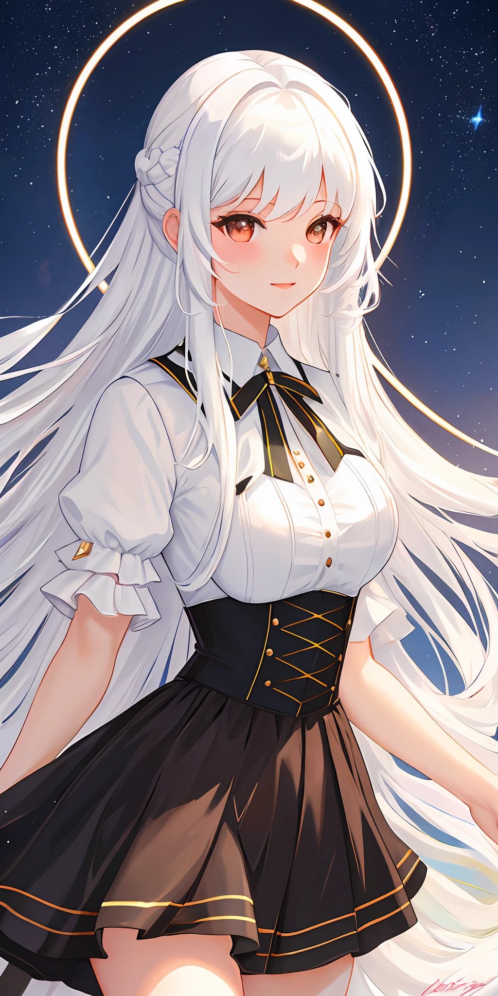 ((masterpiece)), ((best artist)), ((best lighting)), ((best quality)), ((best development)), ((best desinger)), ((best artist)), ((amazing scenery)), ((artstation)), (1girl) from ((long straight white hair)), in a beautiful mountain setting, ((portrait)), focusing on her beautiful face, as well as the gorgeous landscape of the Nevada mountains, wearing a thin strap blouse, with a round skirt (full body:1:1) 8k CG artwork.