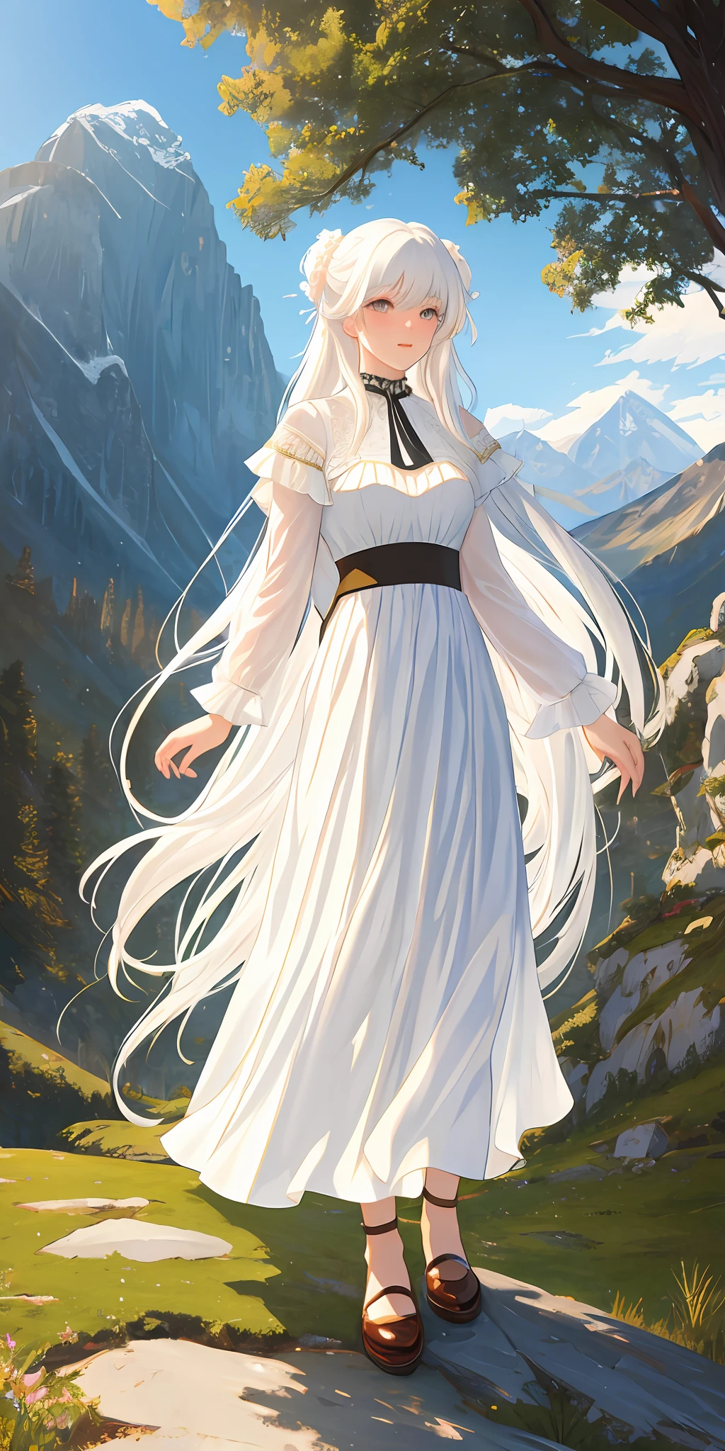 ((masterpiece)), ((best artist)), ((best lighting)), ((best quality)), ((best development)), ((best desinger)), ((best artist)), ((amazing scenery)), ((artstation)), (1girl) from ((long straight white hair)), in a beautiful mountain setting, ((portrait)), focusing on her beautiful face, as well as the gorgeous landscape of the Nevada mountains, wearing a thin strap blouse, with a round skirt (full body:1:1) 8k CG artwork.