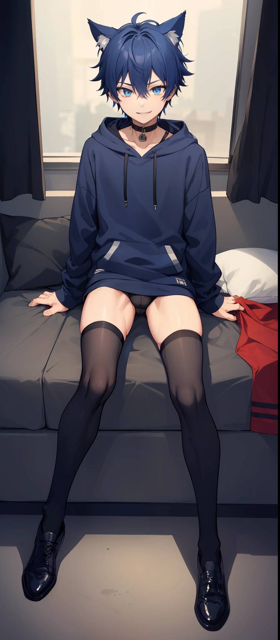1boy, toned, sharp cat ears, cat tail, dark blue messy hair, wide extremely vibrant blue eyes, HD, masterpiece, vibrant, black shoes, slim dark blue hoodie, full body view, warm smile, black thigh socks