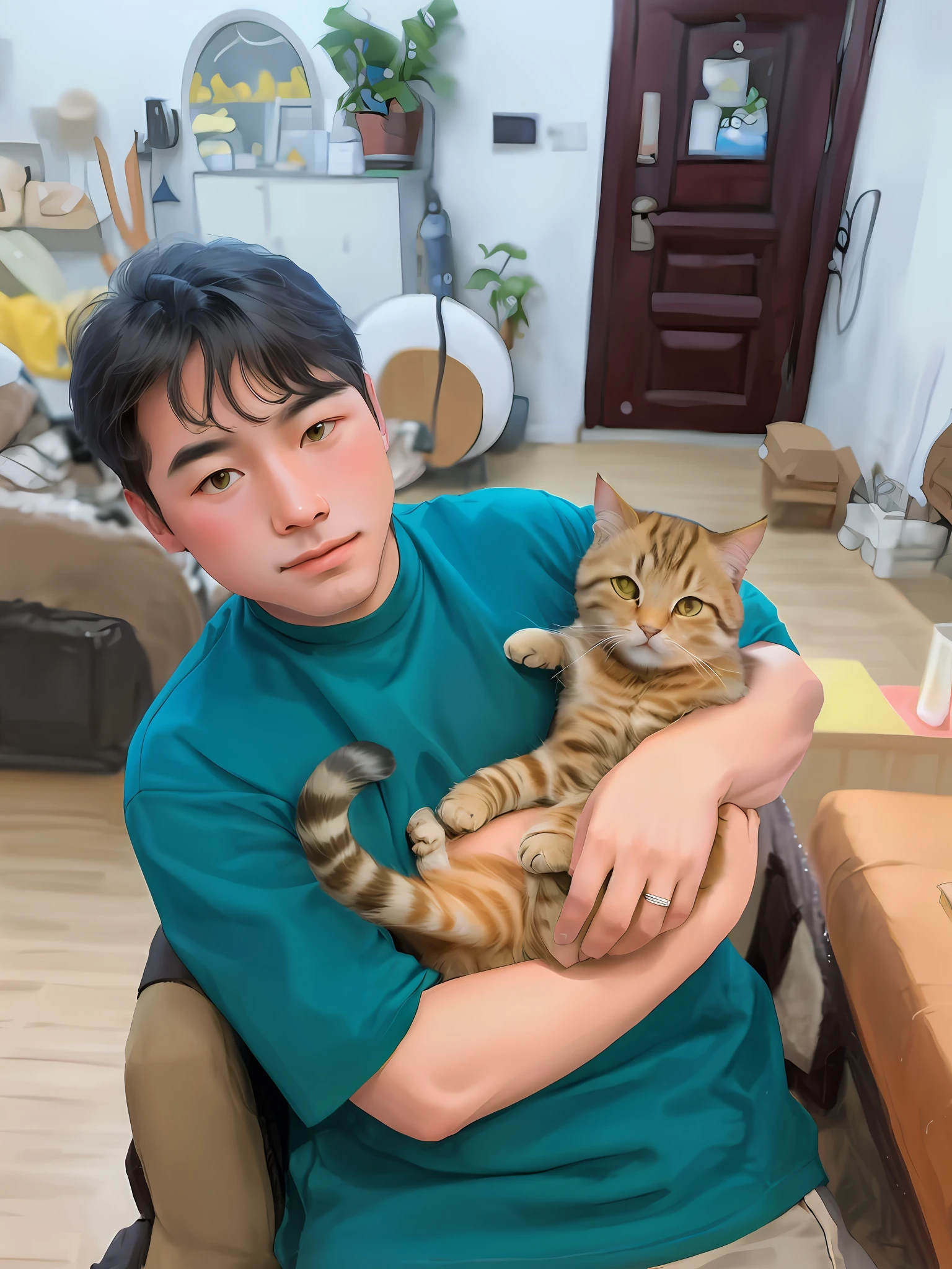 Man with a cat in his arms, kitten on his lap, happy, high detail, two-dimensional, e-boy