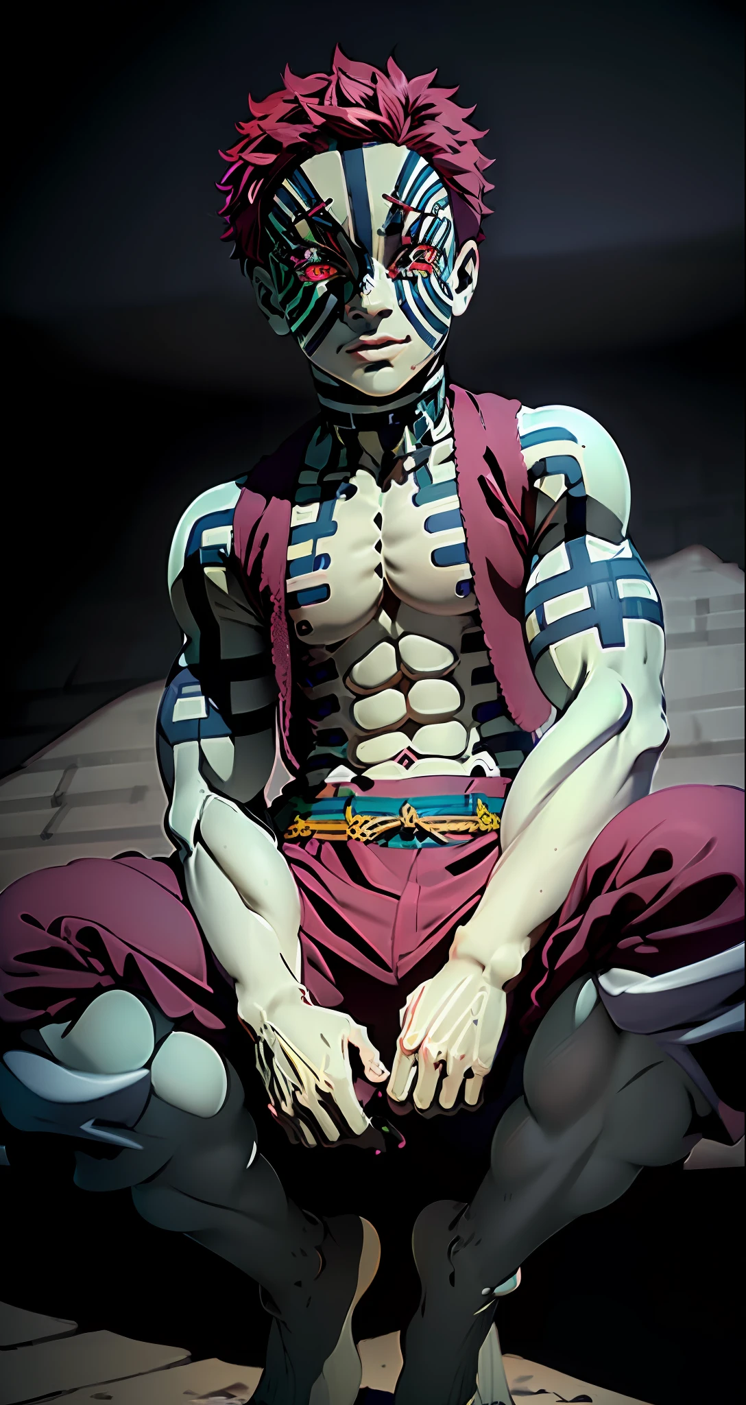 (best quality, high quality:1.4), masterpiece, super fine illustration, absurdres, ultra-detailed, ultra detailed background, highres, solo, 1boy, male focus,sitting, tattoo, red hair, colored skin, pink hair, yellow eyes, short hair, facial mark, akaza kimetsu, full body