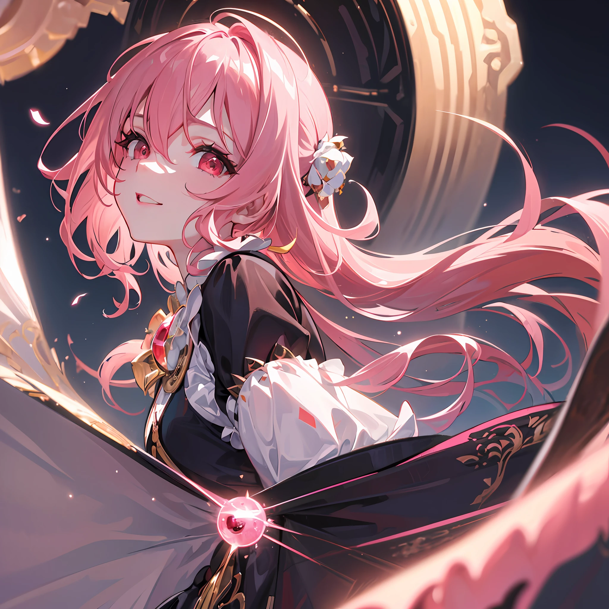 (masterpiece:1.2, best quality), (delicate eyes: 1.2), (pretty detail face), high contrast, (best illumination, (cinematic light), colorful, hyper-detailed, dramatic light, intricate detail, (1 girl, solo, pink hair, sharp face, low double ponytail, red eyes, hair between eyes, dynamic angle), White background, upper body, face close-up, front, happiness,