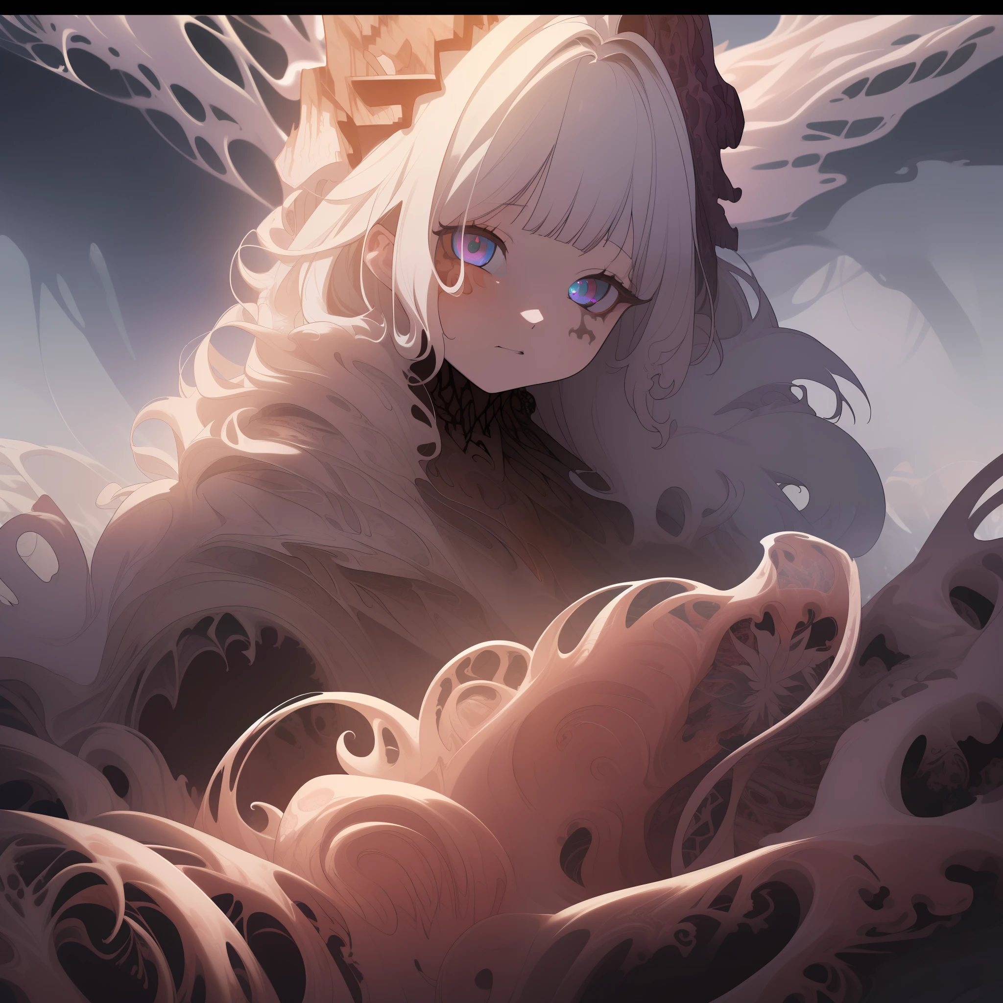 (absurdres, highres, ultra detailed), 1girl, solo, extremely detailed eyes, (official art, beautiful and aesthetic:1.2), (dark art,erosion,fractal art :1.3), colorful, horror,highest detailed, (fluffy cat ears)