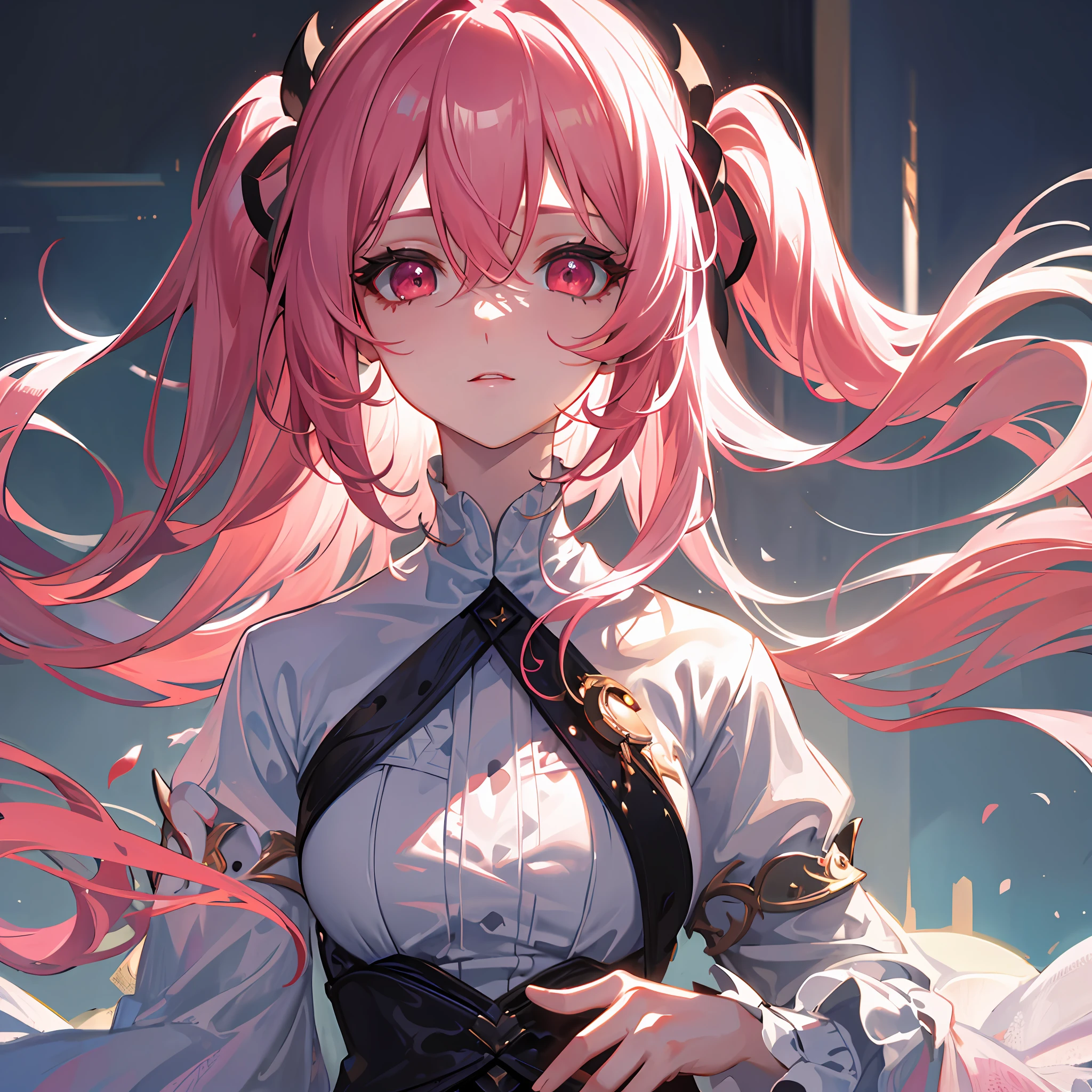 (masterpiece:1.2, best quality), (delicate eyes: 1.2), (detailed background, dark fantasy), (pretty detail face), high contrast, (best illumination, extremely delicate beauty), (cinematic light), colorful, hyper-detailed, dramatic light, complex detail, (1 girl, solo, pink hair, sharp face, low double ponytail, red eyes, Hair between eyes, dynamic angle), white background, upper body, face close-up,