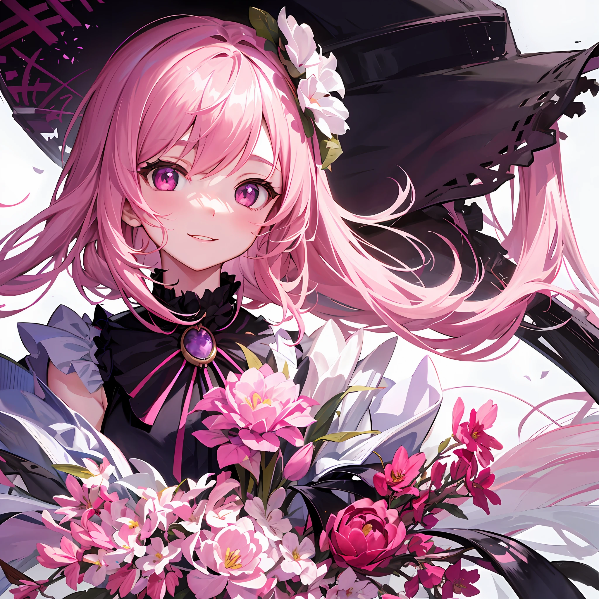 Anime girl with pink hair and holding a bouquet of flowers, best anime 4k konahan wallpaper, guweiz on pixiv art station, detailed digital anime art, anime art wallpaper 4k, anime art wallpaper 4k, high detail official artwork, official anime artwork, guweiz, anime art wallpaper 8k, official artwork, face closeup, smile, double ponytail, long hair, right in the middle