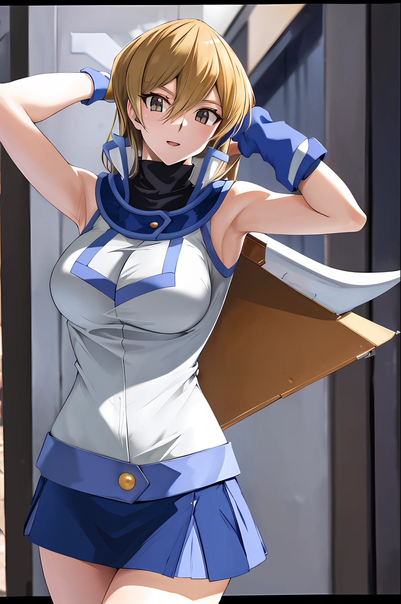 masterpiece, best quality, highres, ta1, white jacket, sleeveless, blue skirt, fingerless gloves, large breasts, cowboy shot, standing, street