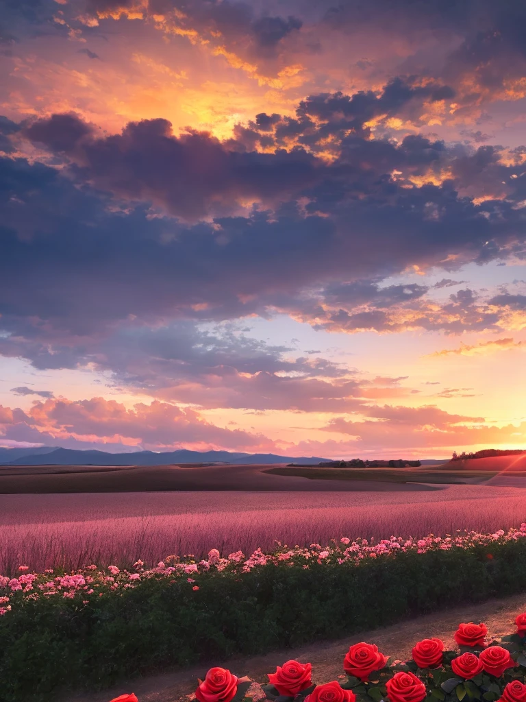 Best quality, masterpiece, sunset, rose, prairie, high resolution, 8k uhd, high quality, volumetric lighting, high resolution, 4k, 8k