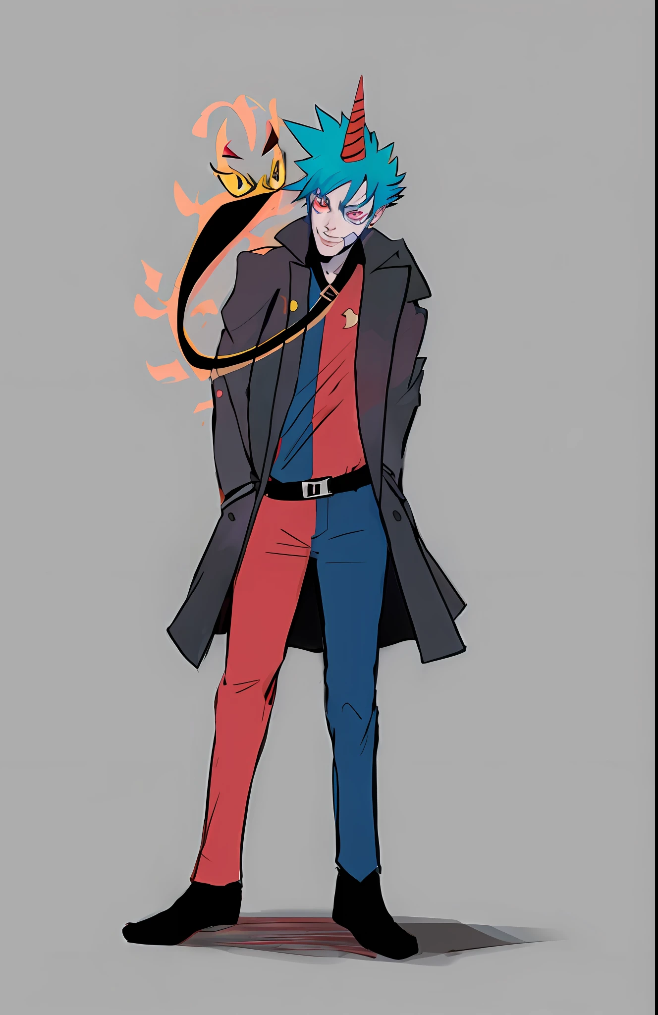 anime character with a blue hair and a red shirt and blue pants, 2 d anime style, joker as naruto, anime style character, full body character concept, colored concept art, cowboy bebop art style, unrealistic character concept, colorful! character design, trigger anime artstyle, joker looks like naruto, full body concept, 6 billion demons style