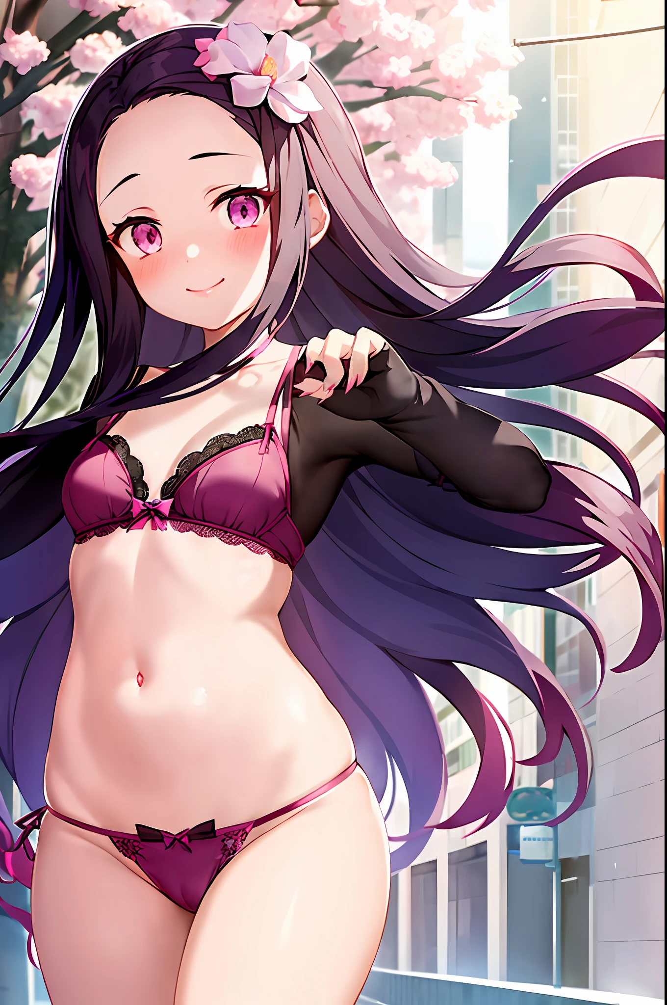 Kamado Nezuko, 1girl, closed mouth, smile, flower, long nails, looking at the viewer, petals, pink eyes, purple hair, ((masterpiece)), cat lingerie, embarrassed, surrounded by people, walking on the street in public, nsfw, ecchi style, hands behind the head, showing the belly, walking in school, many people, many people around