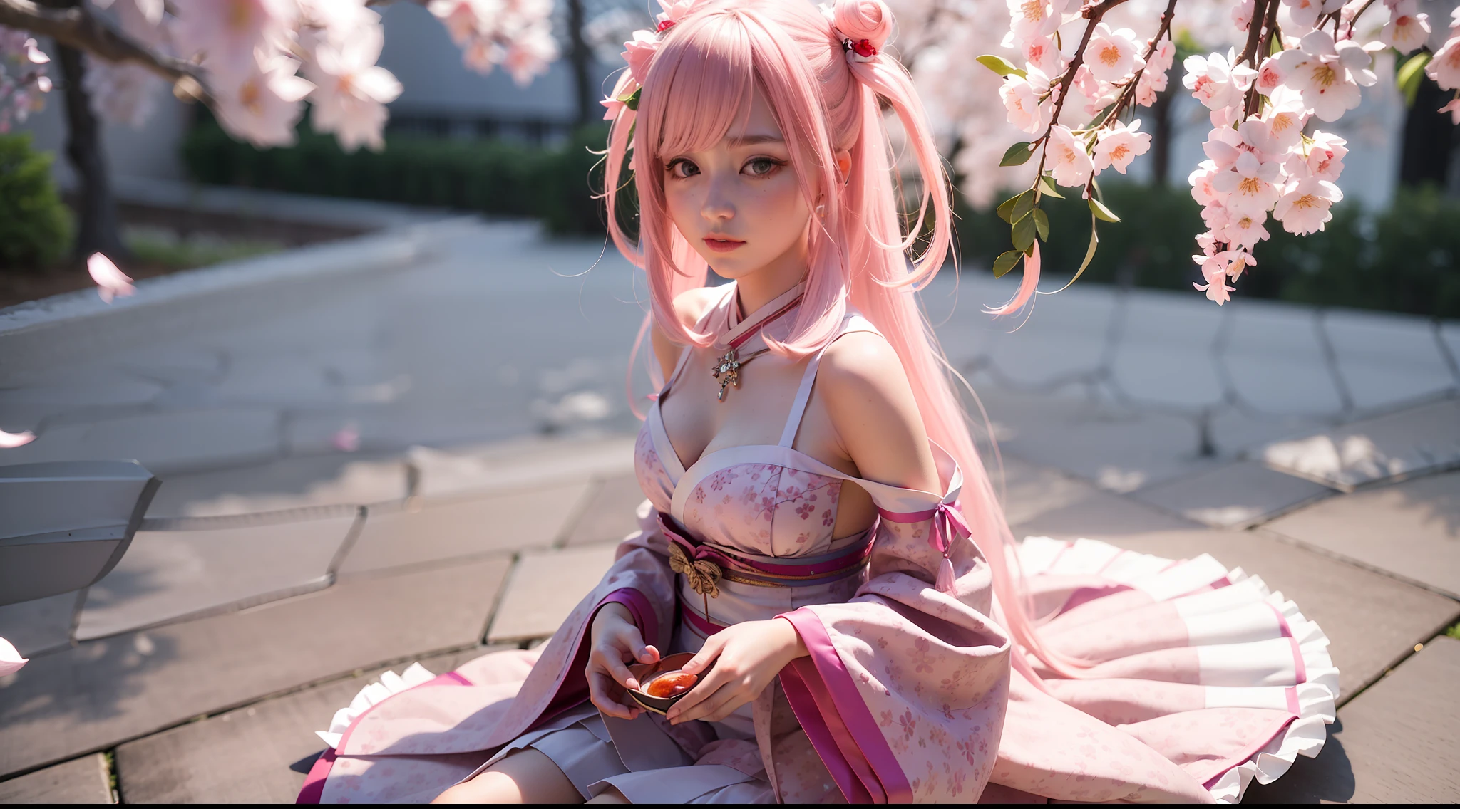 1girl, alcohol, bangs, bare shoulders, blurry, blurry background, blurry foreground, branch, breasts, cherry blossoms, depth of field, detached sleeves, falling petals, flower, hanami, in tree, kimono, long hair, medium breasts, petals, pink flower, pink hair, pink theme, sitting, solo, spring \(season\), tree, very long hair, wisteria, ahoge, bangs, bell, branch, cherry blossoms, flower, hair between eyes, hair ornament, holding, long hair, long sleeves, looking at viewer, male focus, mask, mask on head, petals, pink ribbon, ribbon, smile, solo, tassel, tree, very long hair,(3d:1.7)