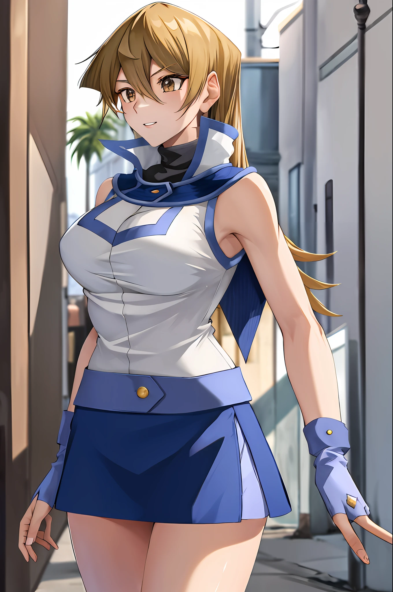 masterpiece, best quality, highres, ta1, white jacket, sleeveless, blue skirt, fingerless gloves, large breasts, cowboy shot, standing, street