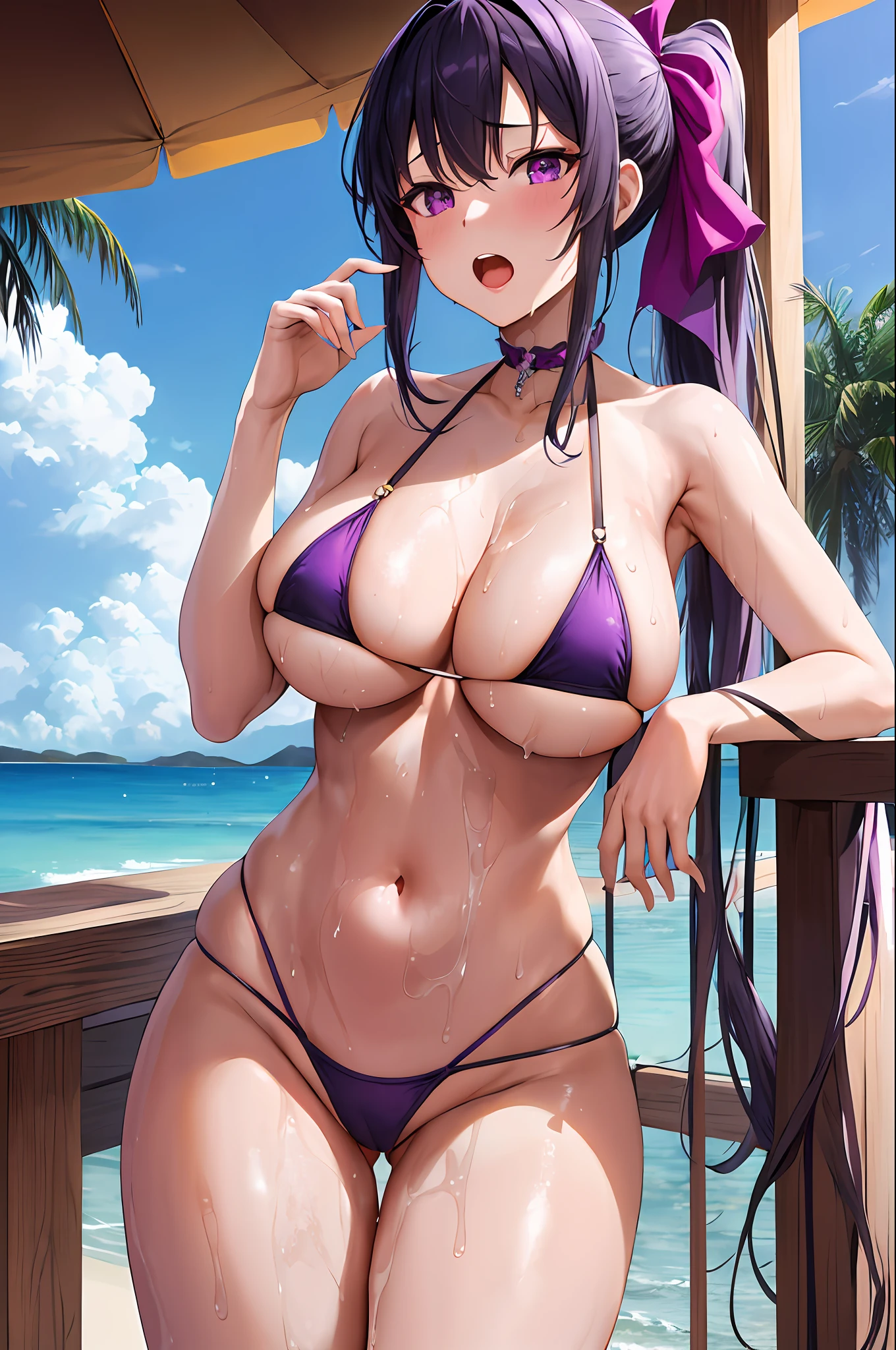 masterpiece, best quality, high resolution, 1girl, solo, purple eyes, very long hair, white hair ribbon, ponytail, black hair, big breasts, purple hair, micro golden bikini, beach, poolside, wet, open mouth, shame, people looking