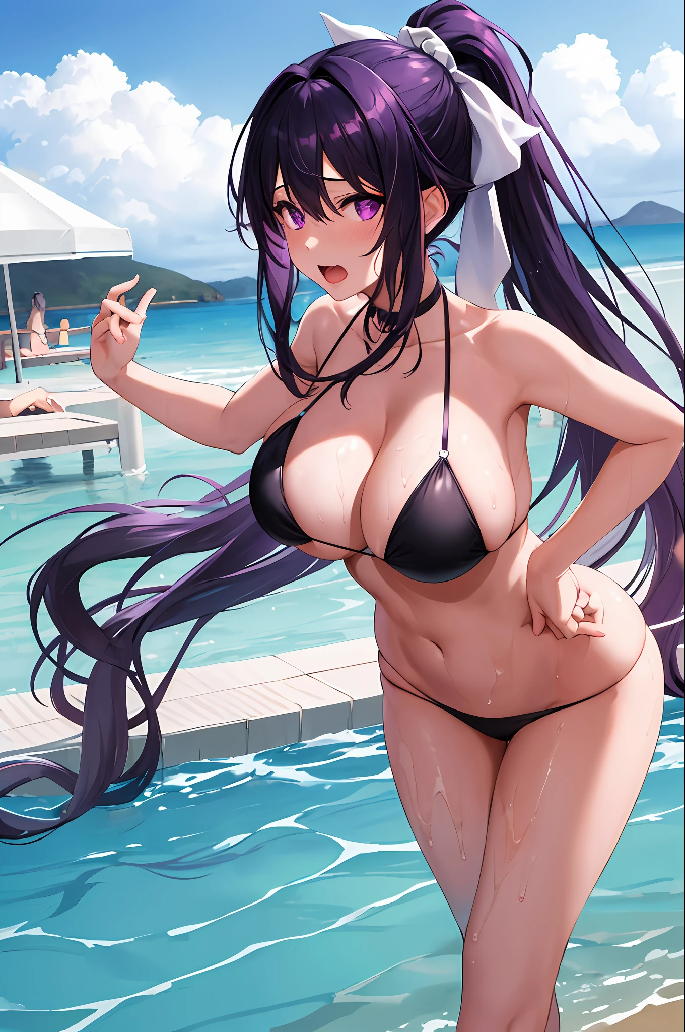 masterpiece, best quality, high resolution, 1girl, solo, purple eyes, very long hair, white hair ribbon, ponytail, black hair, big breasts, purple hair, micro golden bikini, beach, poolside, wet, open mouth, shame, people looking