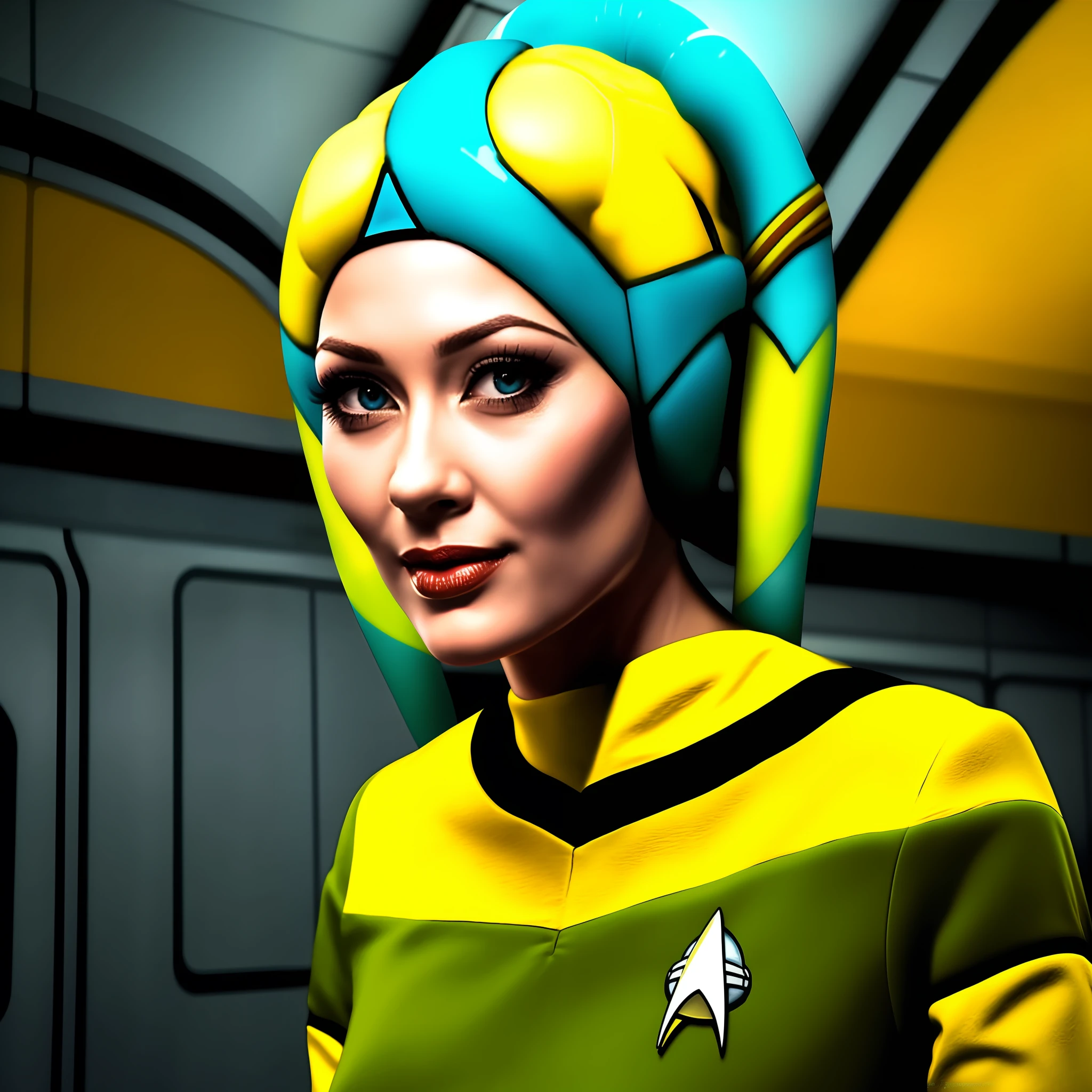 high quality photorealistic painting of a twi'lek woman in a yellow starfleet uniform