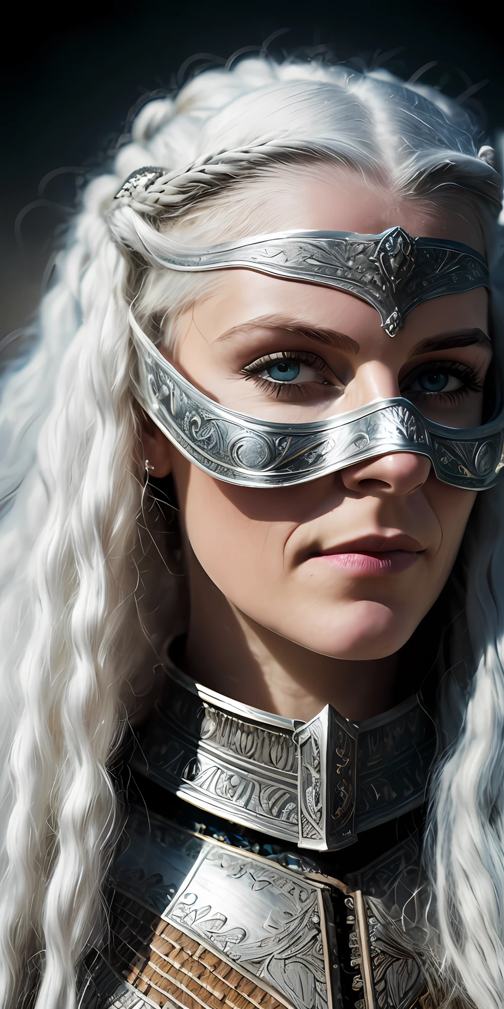 a beautiful woman, blue eyes, long white hair, defined body, wearing detailed Victorian-era mask and armor (( super strong )), masterpiece, best quality, ultra-detailed, ground, destroyed city background, shadows, contrast, clear sky, analog style (look at viewer:1.2) (skin texture) (film grain:1.3), ultra-high resolution, octane render, 16k