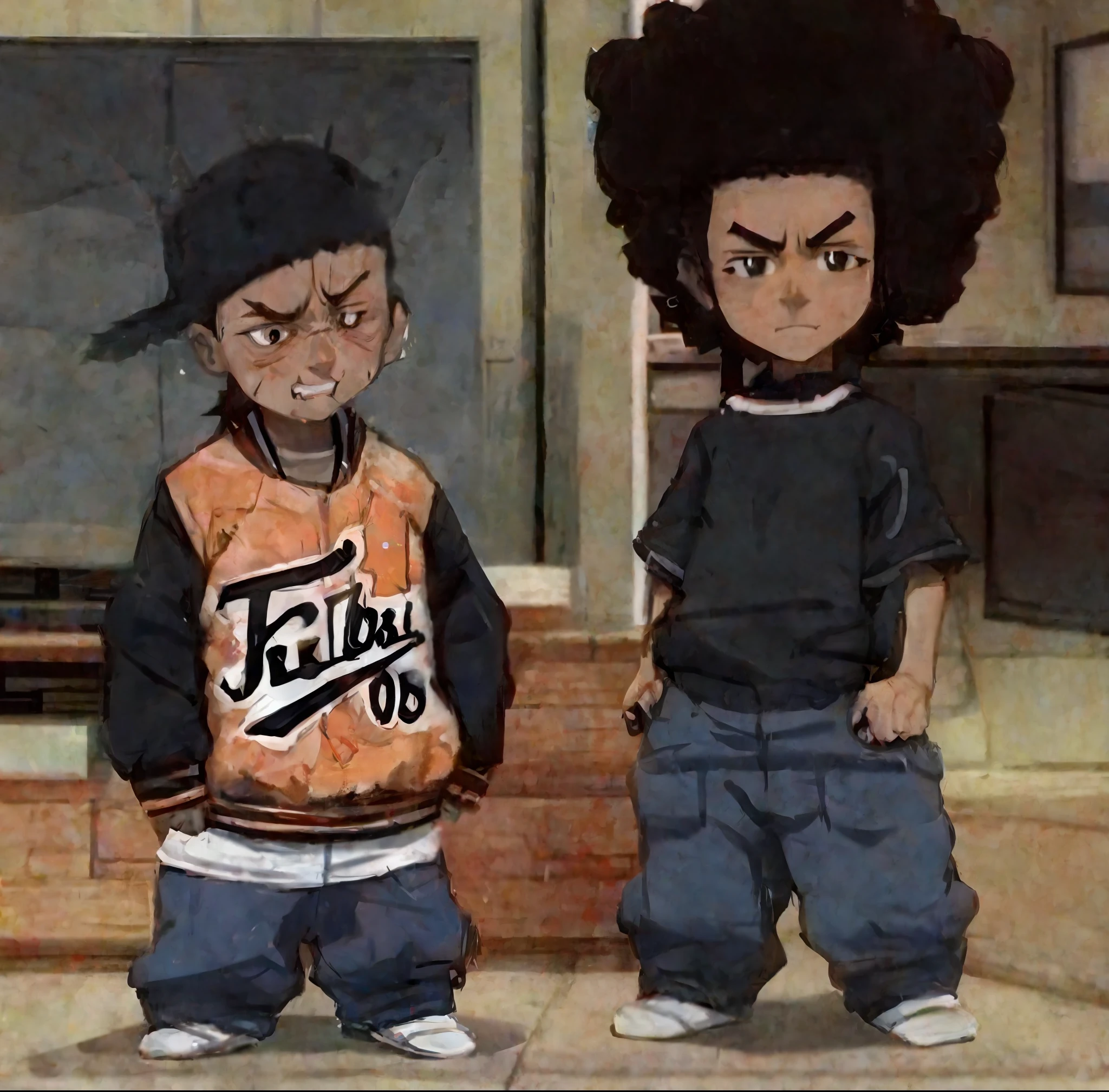 cartoon of two young boys standing in front of a television, anime style”, cartoon style, in cartoon style, afro samurai anime style, sirius a and sirius b, they are very serious, thugs, afro samurai animes style, cute cartoon style, cartoon art style, fujita goro and jones, childish, afro samurai style, :14 80s anime style