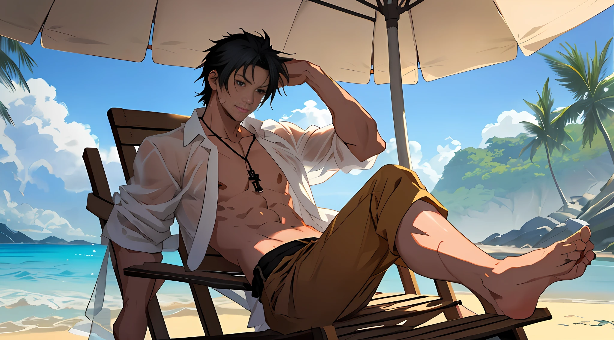 Men, detailed key anime art, (((mature male))),,Beach,Pectals,((Beach)),Abs,((White sheer shirt)),(Crotch bulge)),,Dark red sheer beach pants,Short black hair,Expressionless,Dusk,Depth of field,Legs apart,(((Leaking abdomen)),((Leaking chest)),Facing the audience,Advanced Digital Anime Art",((leaning back on a beach chair)),Anime epic artwork,,Shigenori Vicejima illustration,,Anime fantasy artwork,2 . 5 d CGI anime fantasy artwork, full body, clean detailed anime art, anime fantasy illustration