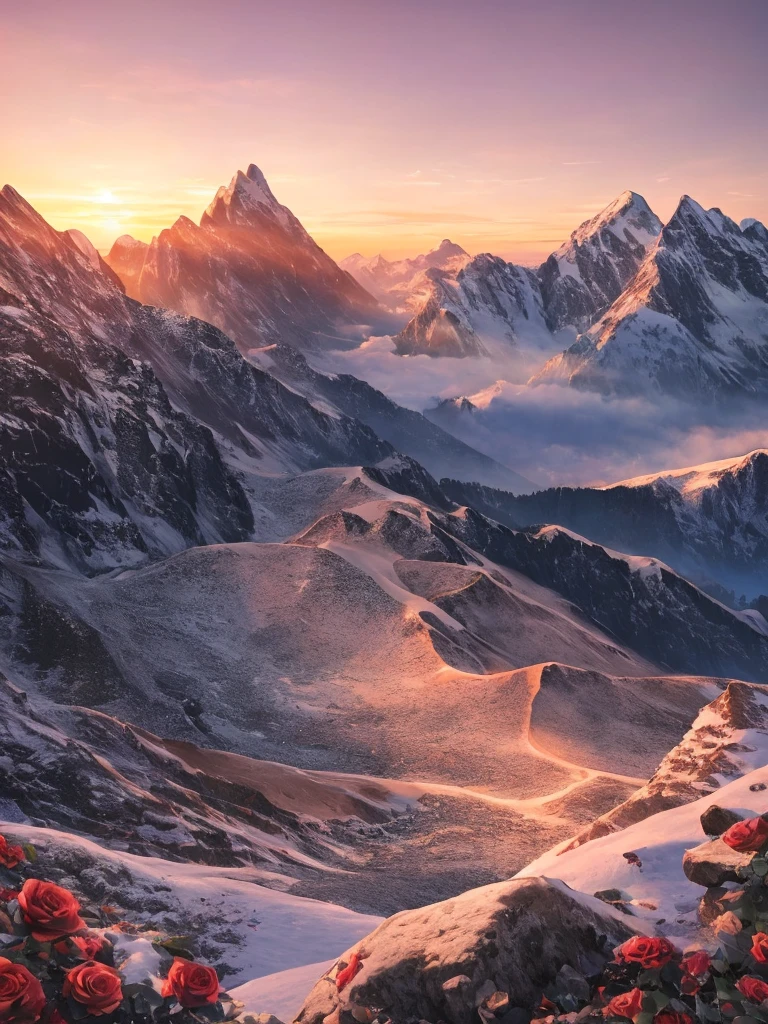 Best quality, masterpiece, sunset, rose, mountain, high resolution, 8k uhd, high quality, volumetric lighting, high resolution, 4k, 8k,
