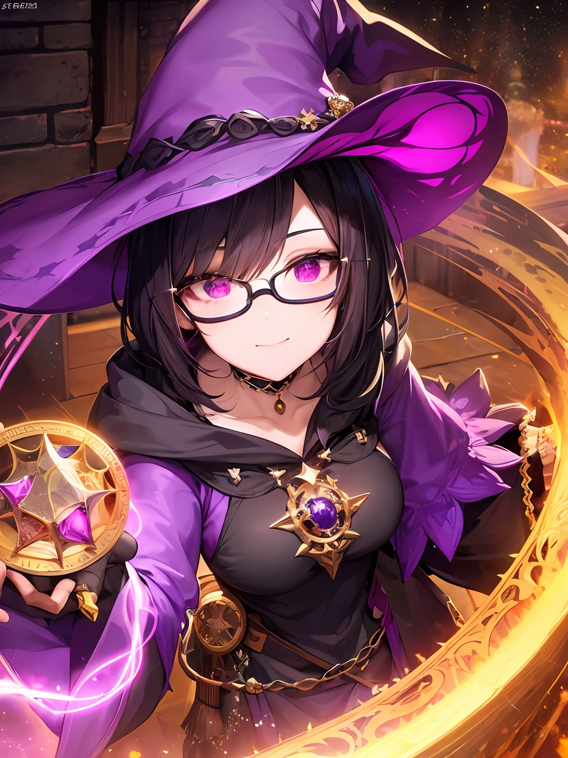 portrait of witch lady, round eyewear, glowing eyes, eye focus, short black hair, purple hat, ornate robe, dark medieval room indoors, cauldron with green potion, spider web, particles, fantasy -