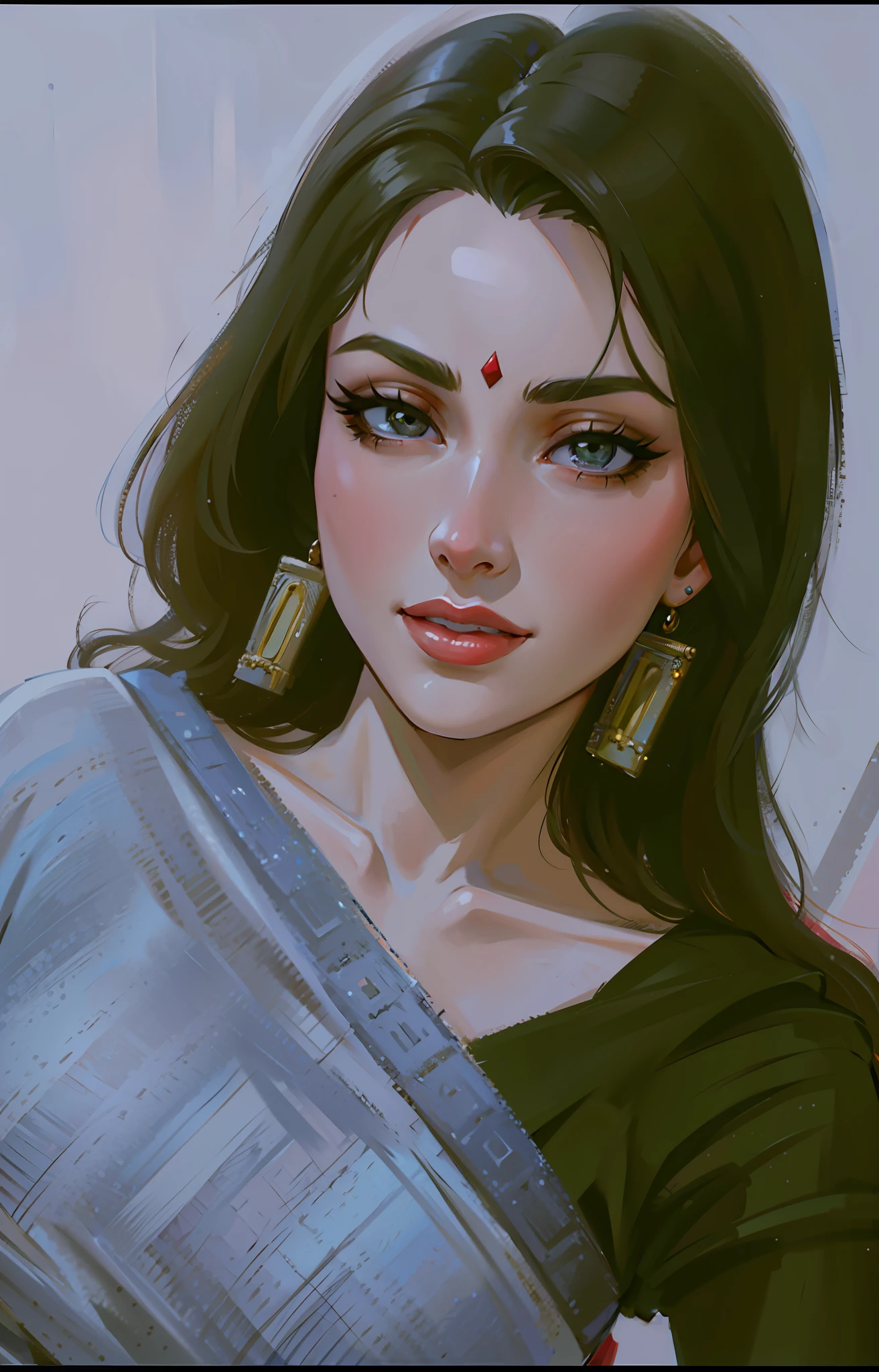 (masterpiece),(best quality:1.0), (ultra highres:1.0), detailed illustration, 8k, anime, 1girl, beautiful anime girl, in a sari, wearing a grey sari, pretty face, detailed face, beautiful eyes, detailed eyes, red lips, red lipstick, smiling, beautiful hair, highlights in hair, pretty earrings, detailed, anime style, best quality