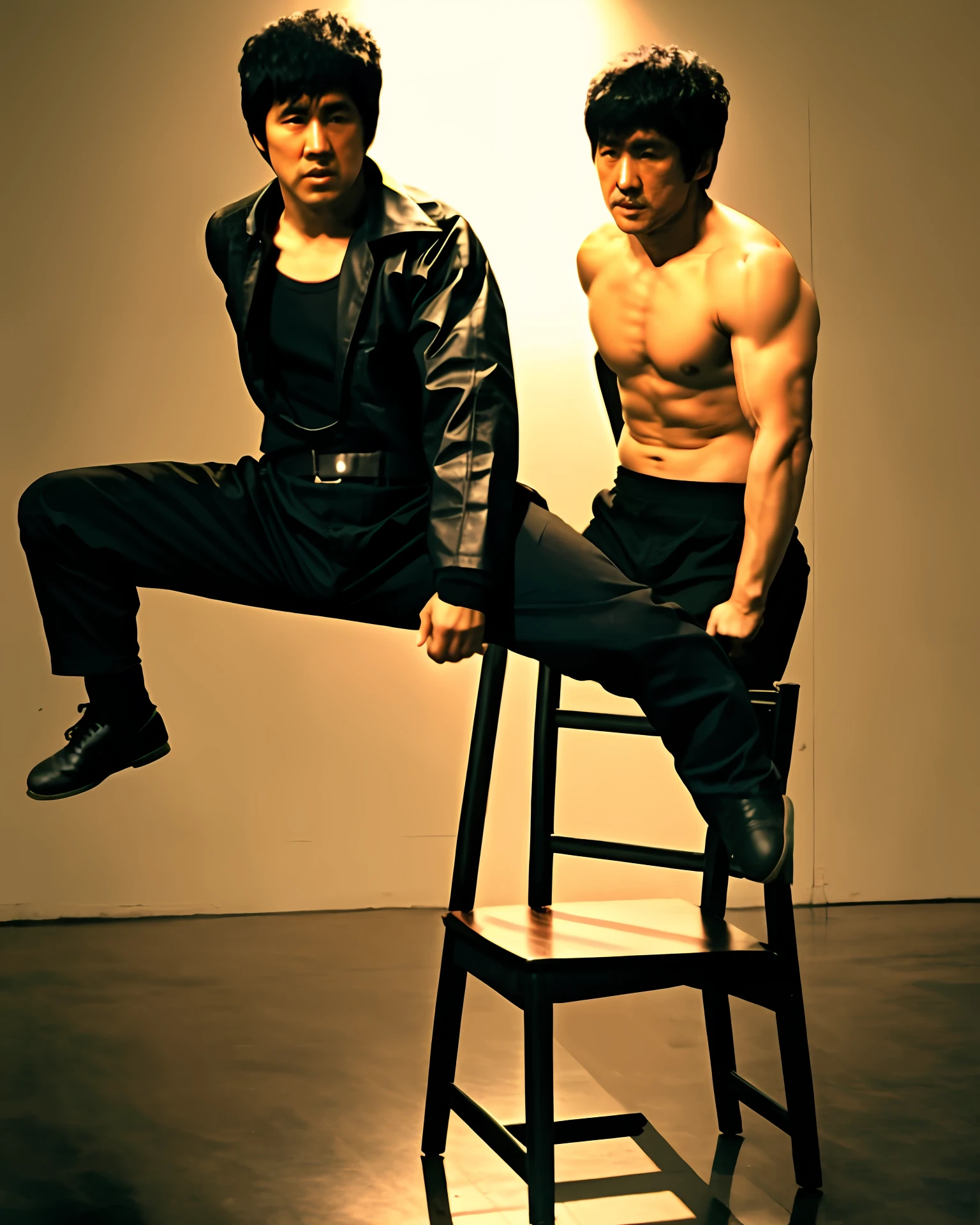 Bruce lee fighting and up a chair balancing with one leg only better images 8k 32k