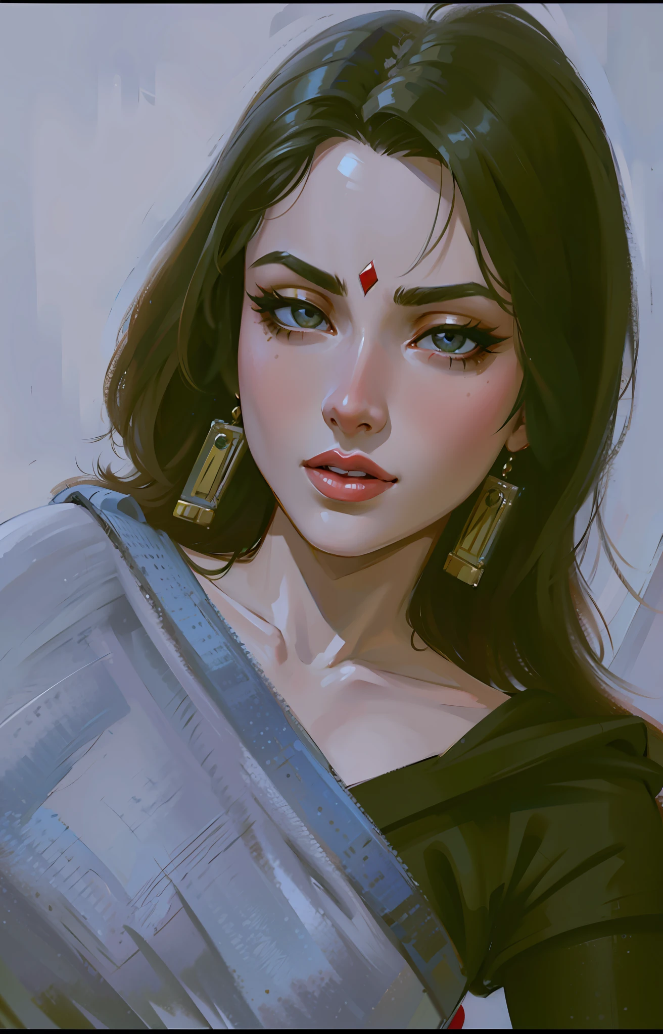 (masterpiece),(best quality:1.0), (ultra highres:1.0), detailed illustration, 8k, anime, 1girl, beautiful anime girl, in a sari, wearing a grey sari, pretty face, detailed face, beautiful eyes, detailed eyes, red lips, red lipstick, beautiful hair, highlights in hair, pretty earrings, detailed, anime style, best quality