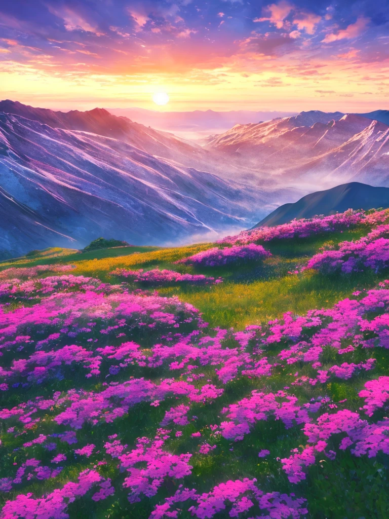 Best quality, masterpiece, sunset, sea of flowers, mountain, high resolution, 8k uhd, high quality, volumetric lighting, high resolution, 4k, 8k