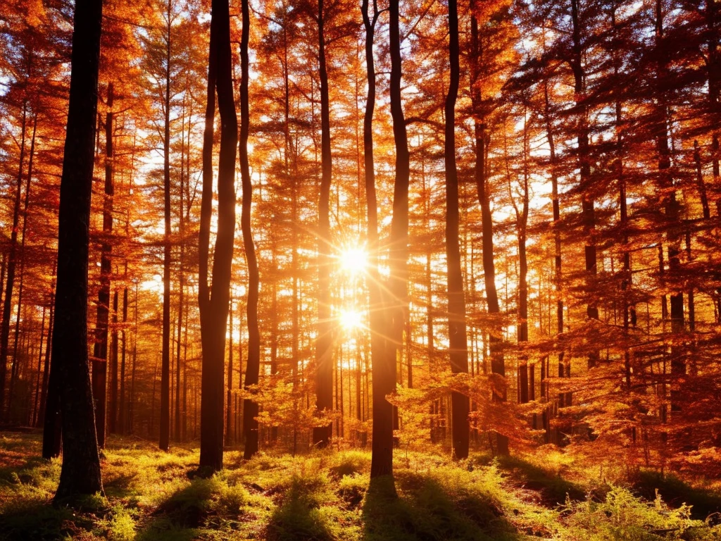 masterpiece_portrait,best quality,photorealistic,ultra high res,detailed lighting,realistic,intricate_details, finely_detailed,8K Ultra High Definition,wide shot,Twilight Majesty: A forest at dusk with a vibrant sky painted in hues of orange, pink, and purple. The silhouettes of the trees stand in stark contrast against the colorful backdrop, creating a majestic scene.,Sun-Kissed Serenity: A forest clearing bathed in warm sunlight, with golden rays piercing through the trees. The soft glow adds a touch of warmth and serenity to the scene.,