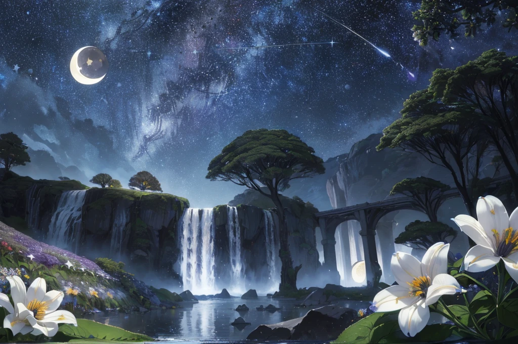 (masterpiece,best quality,highres,ultra_detailed:1.2), (1girl,solo:1.2), elf, long hair, white hair, BREAK (detailed_background),landscape,((night,moon,starry sky,milky_way:1.5)),dark,((flowers:1.6)), fantasy, light_particles,ruins:0.5, pond|river, stone forest|stone pillars, waterfall, cliff, sakura,floating