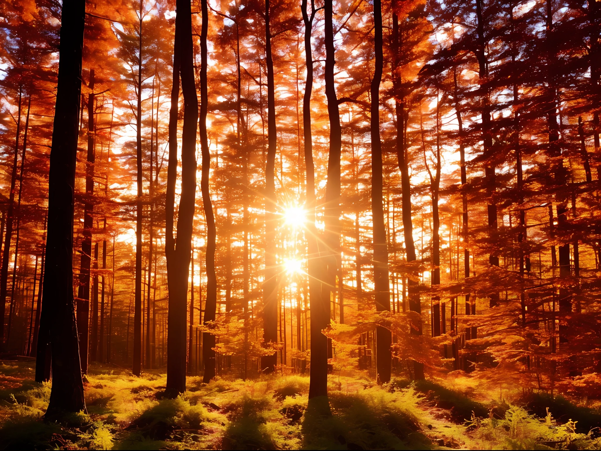 masterpiece_portrait,best quality,photorealistic,ultra high res,detailed lighting,realistic,intricate_details, finely_detailed,8K Ultra High Definition,wide shot,Twilight Majesty: A forest at dusk with a vibrant sky painted in hues of orange, pink, and purple. The silhouettes of the trees stand in stark contrast against the colorful backdrop, creating a majestic scene.,Sun-Kissed Serenity: A forest clearing bathed in warm sunlight, with golden rays piercing through the trees. The soft glow adds a touch of warmth and serenity to the scene.,