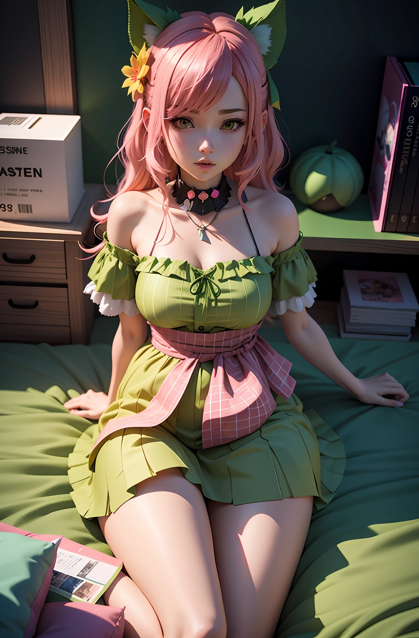 anime - style girl with pink hair and green ears sitting on a bed, anime styled 3d, realistic anime 3 d style, anime style. 8k, 8k high quality detailed art, 🌺 cgsociety, photorealistic anime girl render, 3 d anime realistic, realistic fantasy render, in dress, render of a cute 3d anime girl