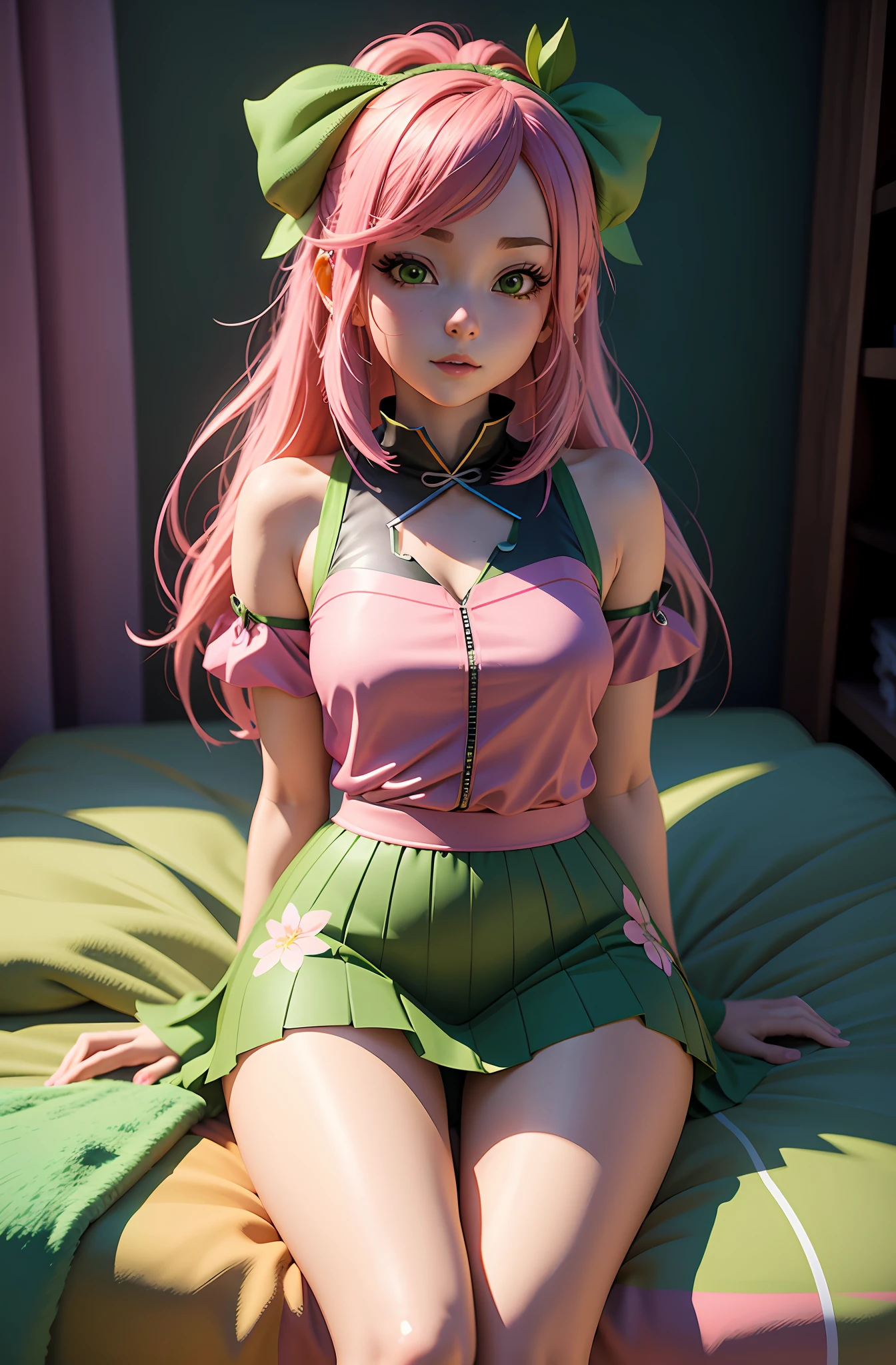 anime - style girl with pink hair and green ears sitting on a bed, anime styled 3d, realistic anime 3 d style, anime style. 8k, 8k high quality detailed art, 🌺 cgsociety, photorealistic anime girl render, 3 d anime realistic, realistic fantasy render, loli in dress, render of a cute 3d anime girl