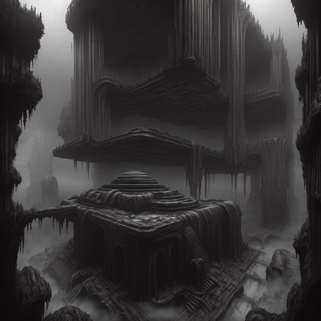 (masterpiece), horror underground facility full of gore humanoid mosters, mysterious dark fantasy underground landscape, underground level, low FOV, (decrepit scenery), megastructures, intricate detail, (art by [Bastien Lecouffe-Deharme|Caspar David Friedrich ]:1.2), (unreal engine render, photorealistic painting, photorealistic:1.2), (mysterious),